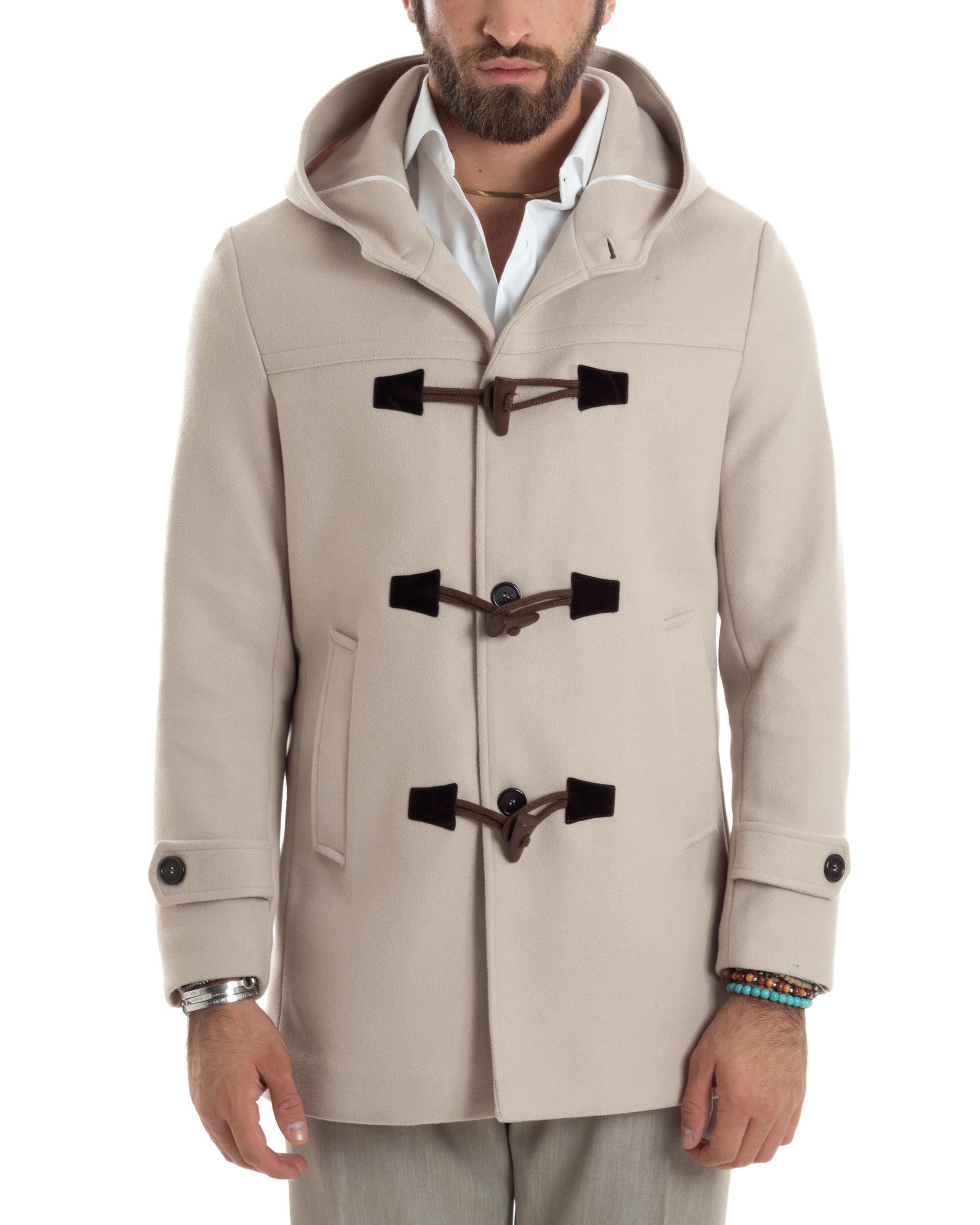 Cappotto Uomo Lana Montgomery Con Alamari E Cappuccio Beige CO1044A