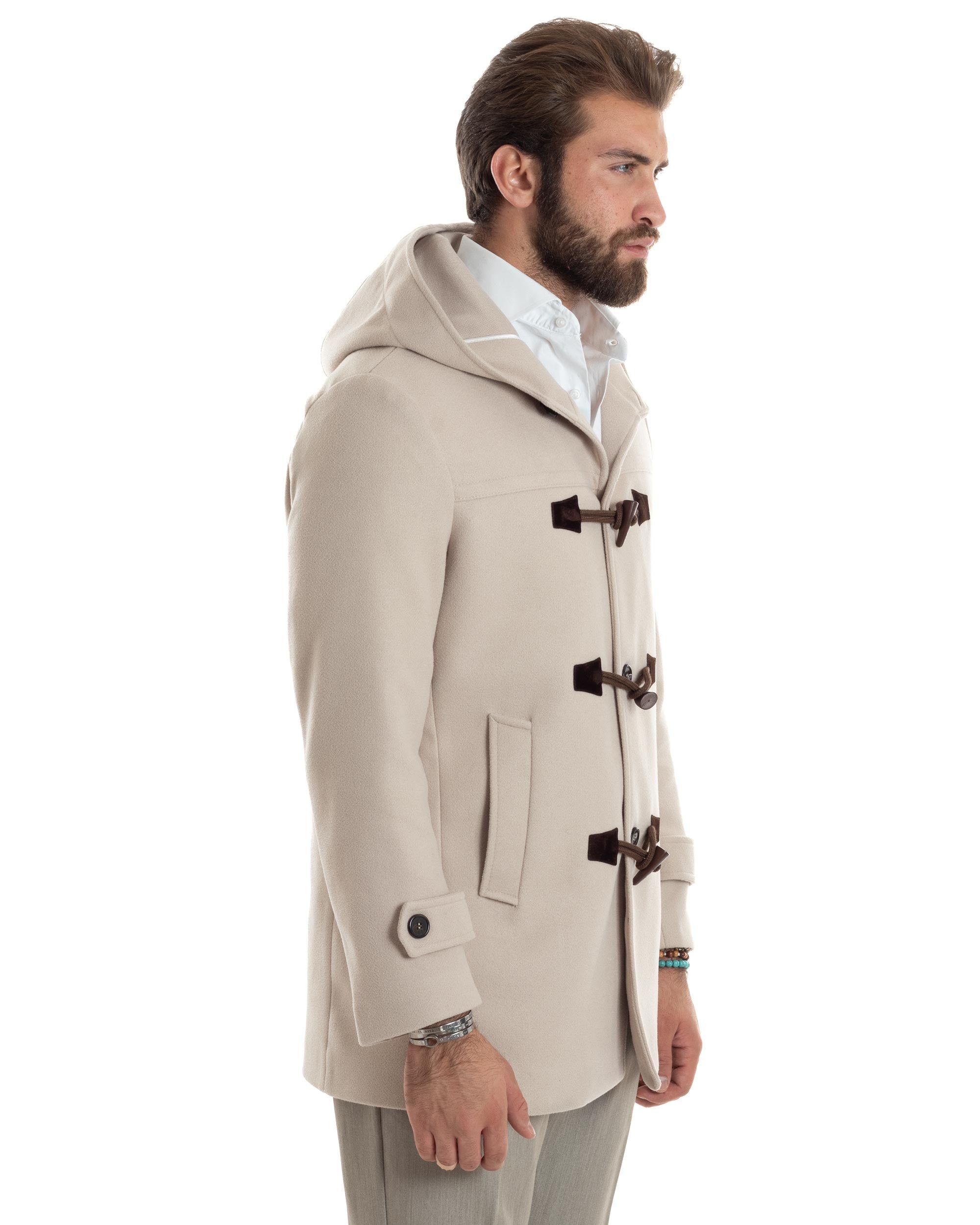 Cappotto Uomo Lana Montgomery Con Alamari E Cappuccio Beige CO1044A