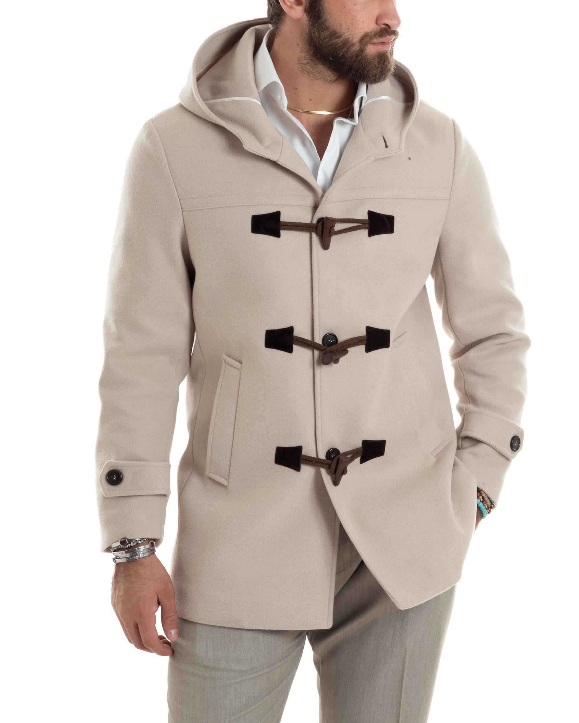 Cappotto Uomo Lana Montgomery Con Alamari E Cappuccio Beige CO1044A