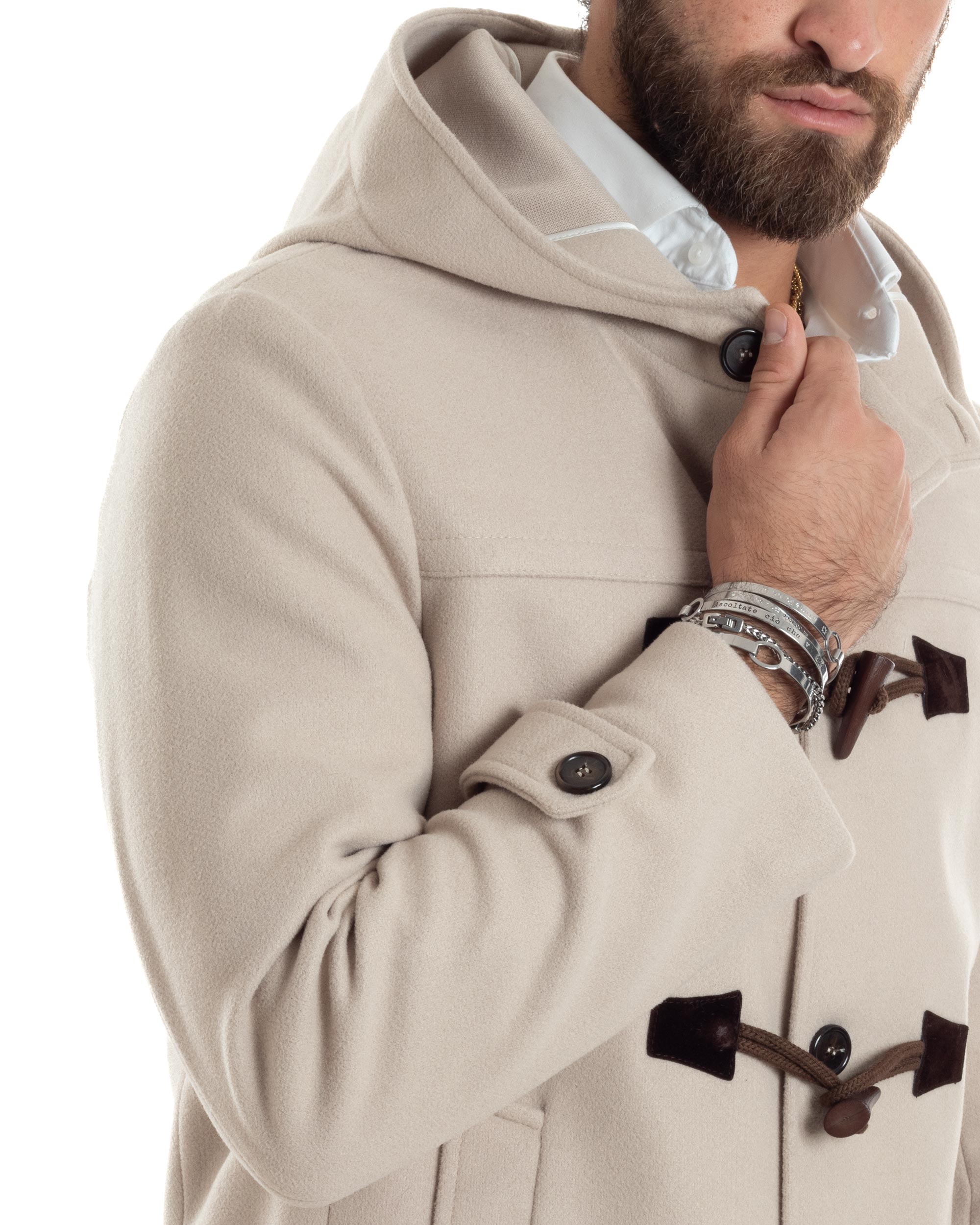 Cappotto Uomo Lana Montgomery Con Alamari E Cappuccio Beige CO1044A