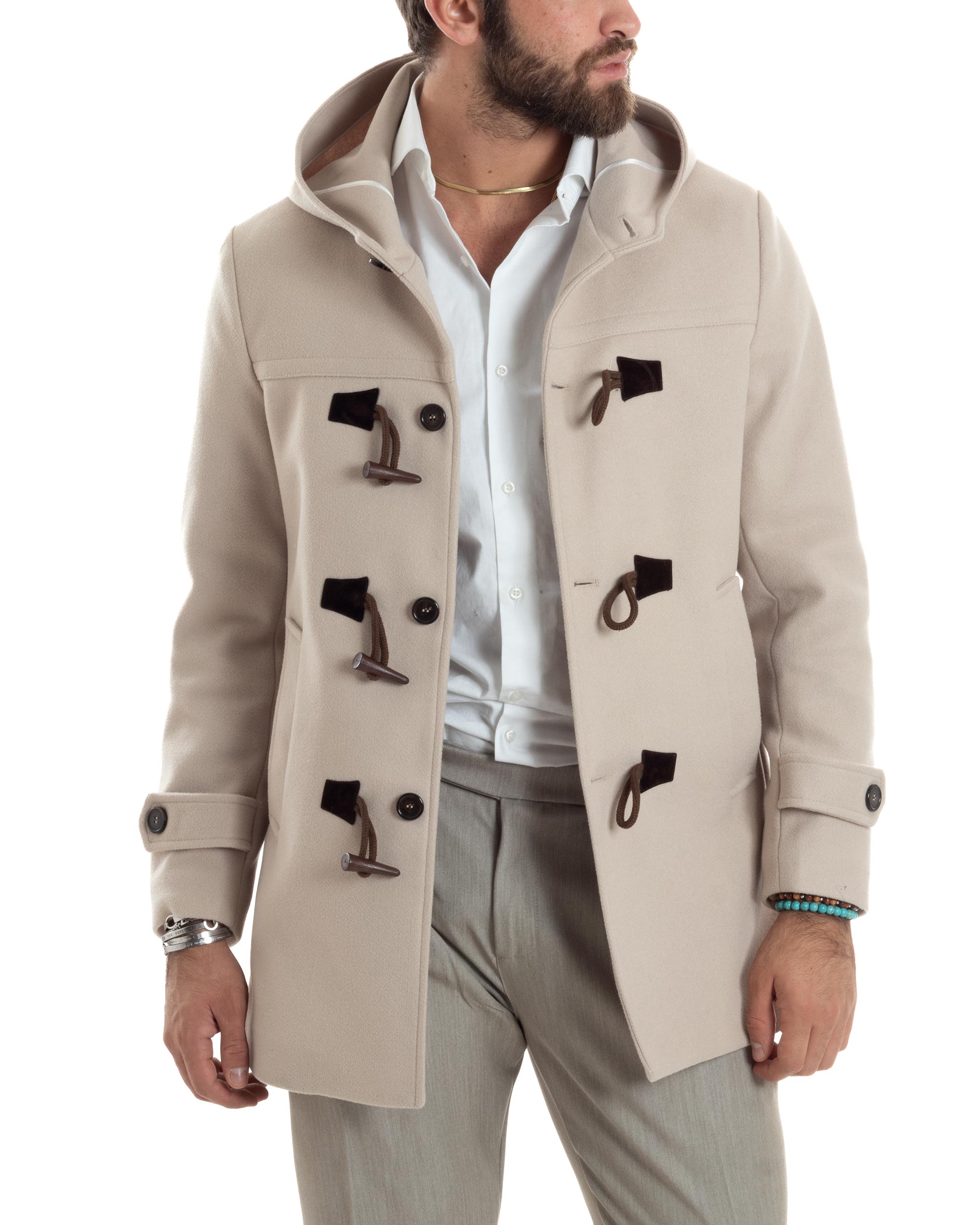 Cappotto Uomo Lana Montgomery Con Alamari E Cappuccio Beige CO1044A