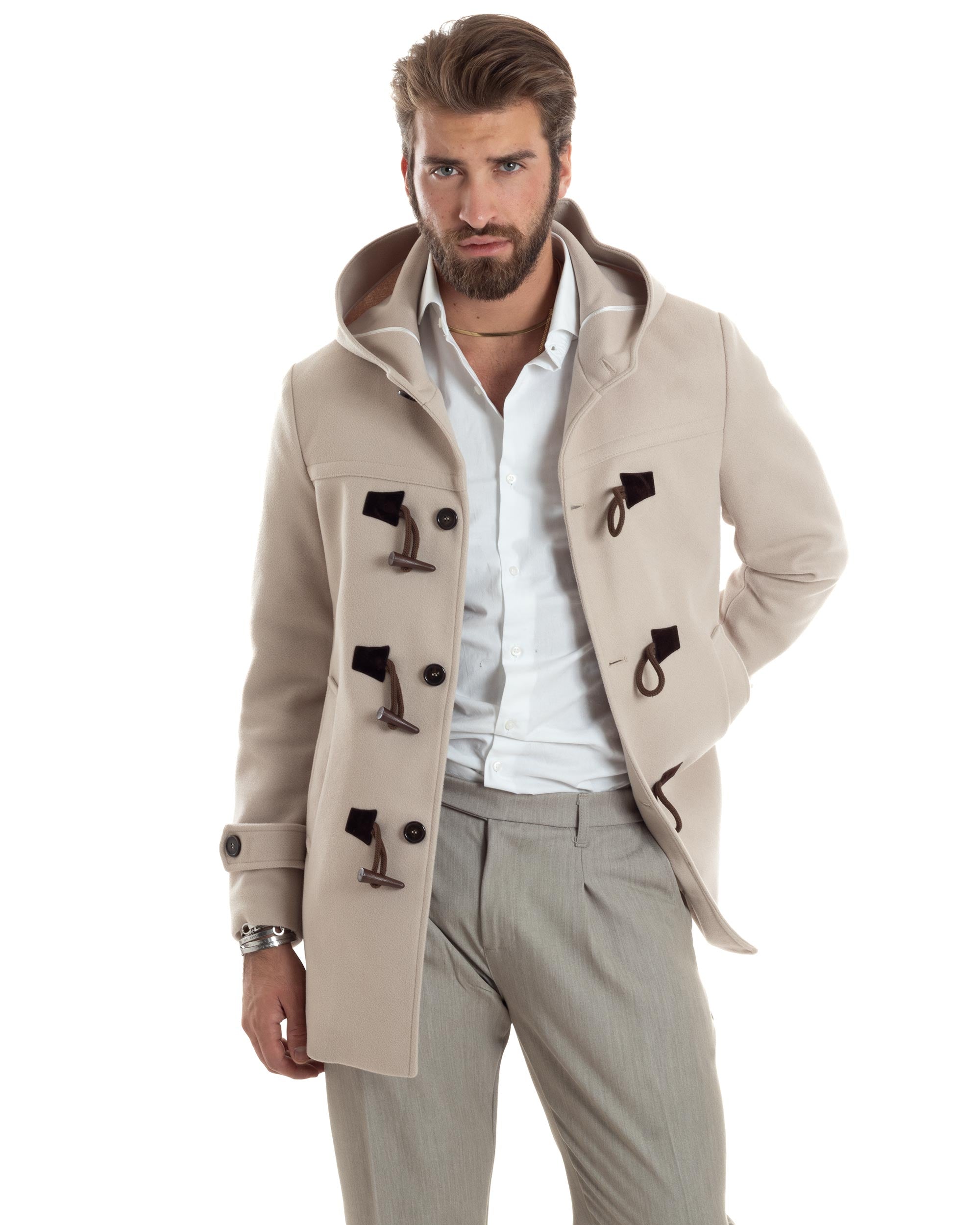 Cappotto Uomo Lana Montgomery Con Alamari E Cappuccio Beige CO1044A