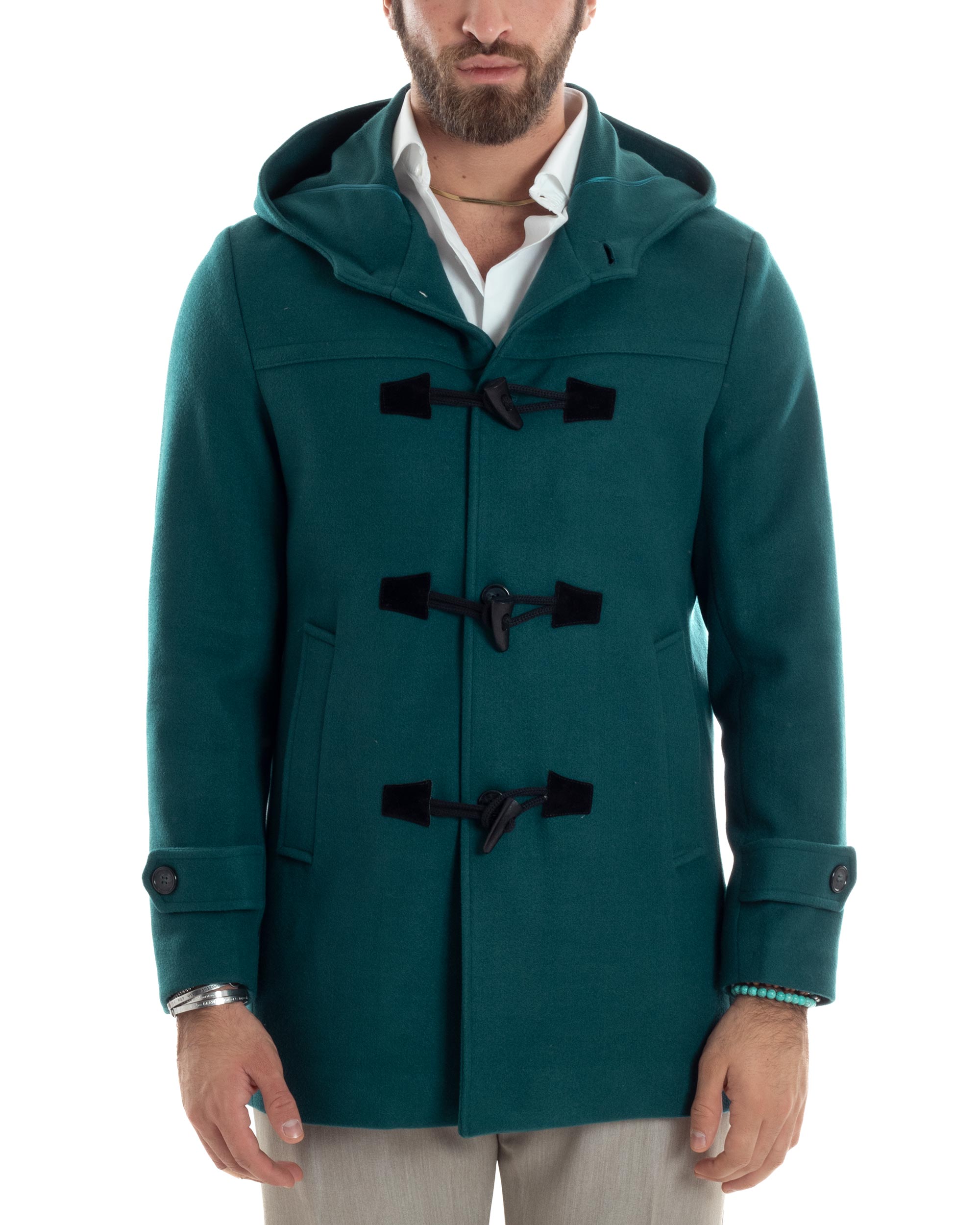Cappotto Uomo Lana Montgomery Con Alamari E Cappuccio Petrolio CO1043A