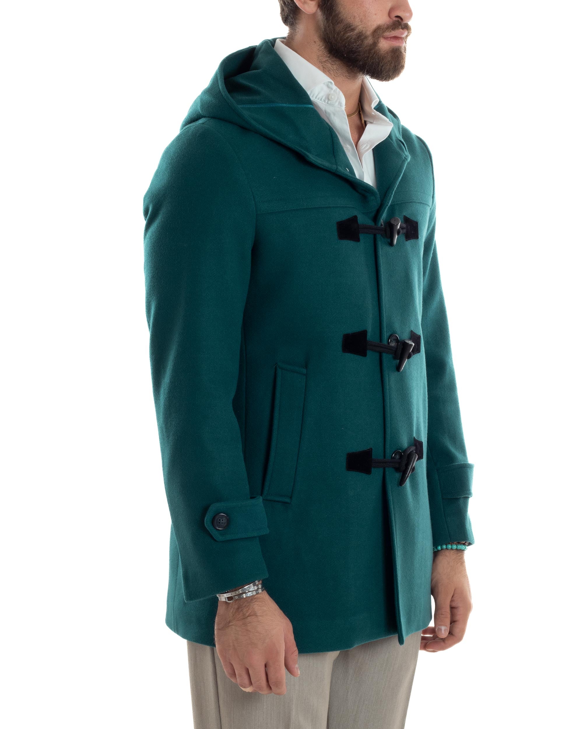 Cappotto Uomo Lana Montgomery Con Alamari E Cappuccio Petrolio CO1043A