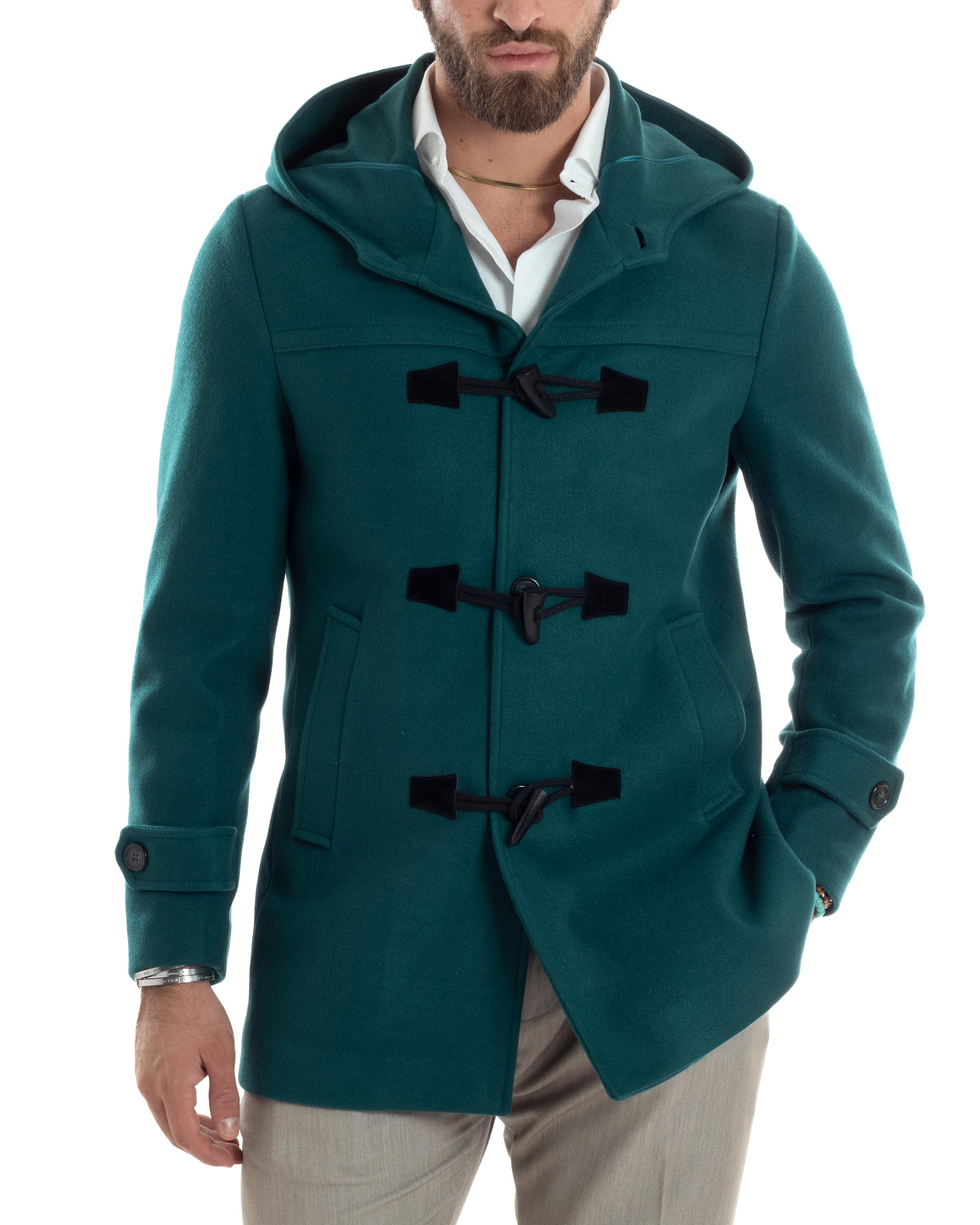 Cappotto Uomo Lana Montgomery Con Alamari E Cappuccio Petrolio CO1043A