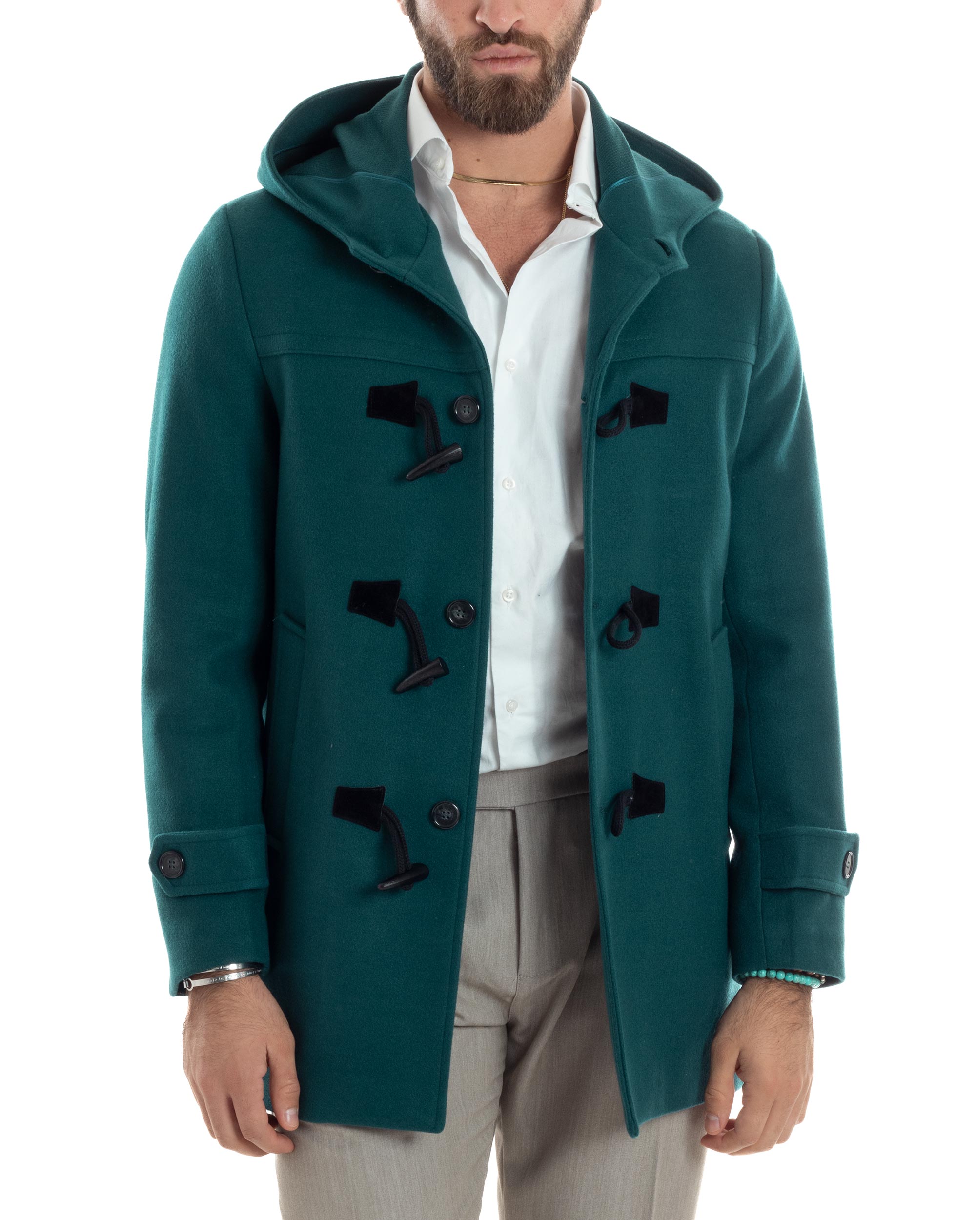 Cappotto Uomo Lana Montgomery Con Alamari E Cappuccio Petrolio CO1043A