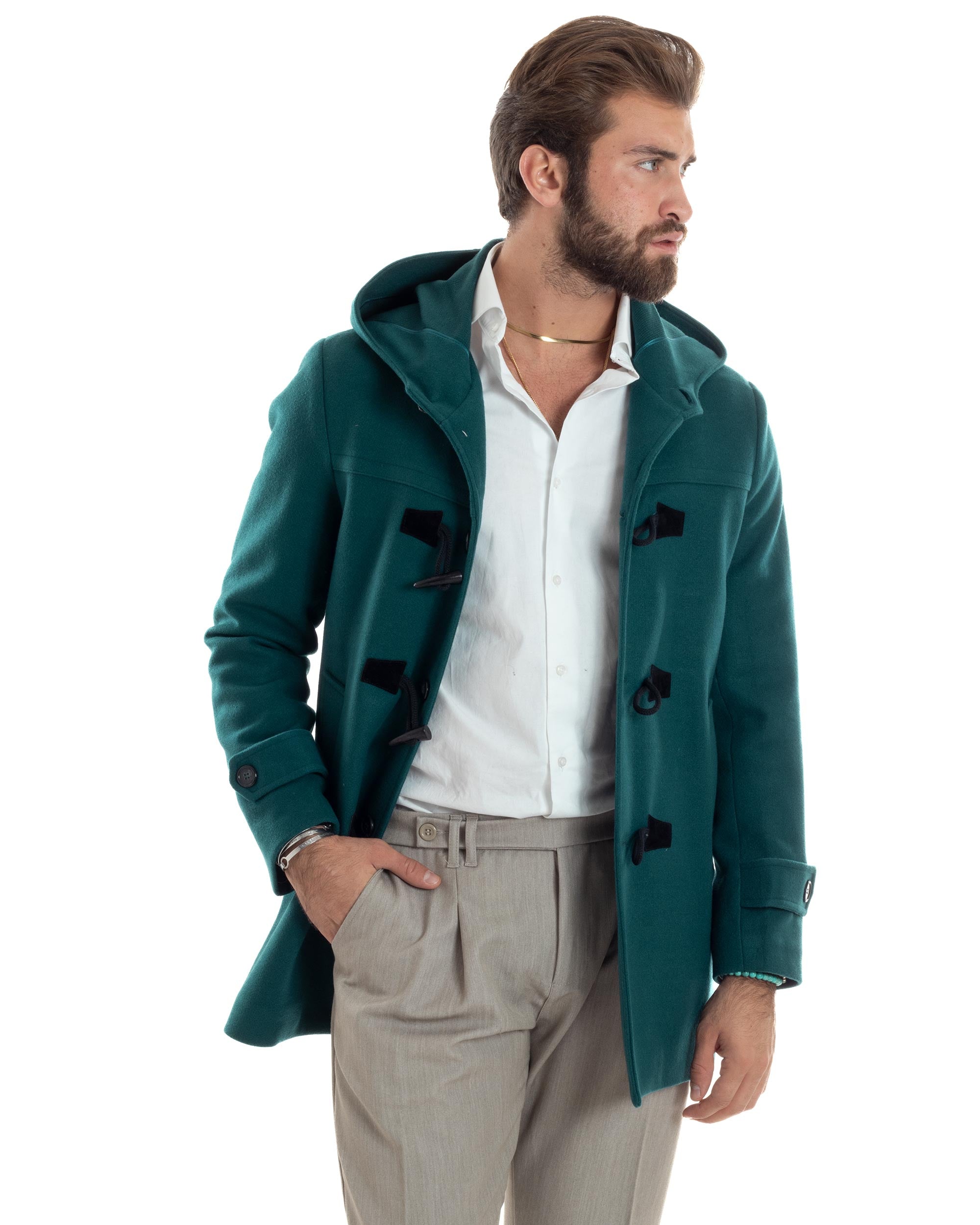 Cappotto Uomo Lana Montgomery Con Alamari E Cappuccio Petrolio CO1043A