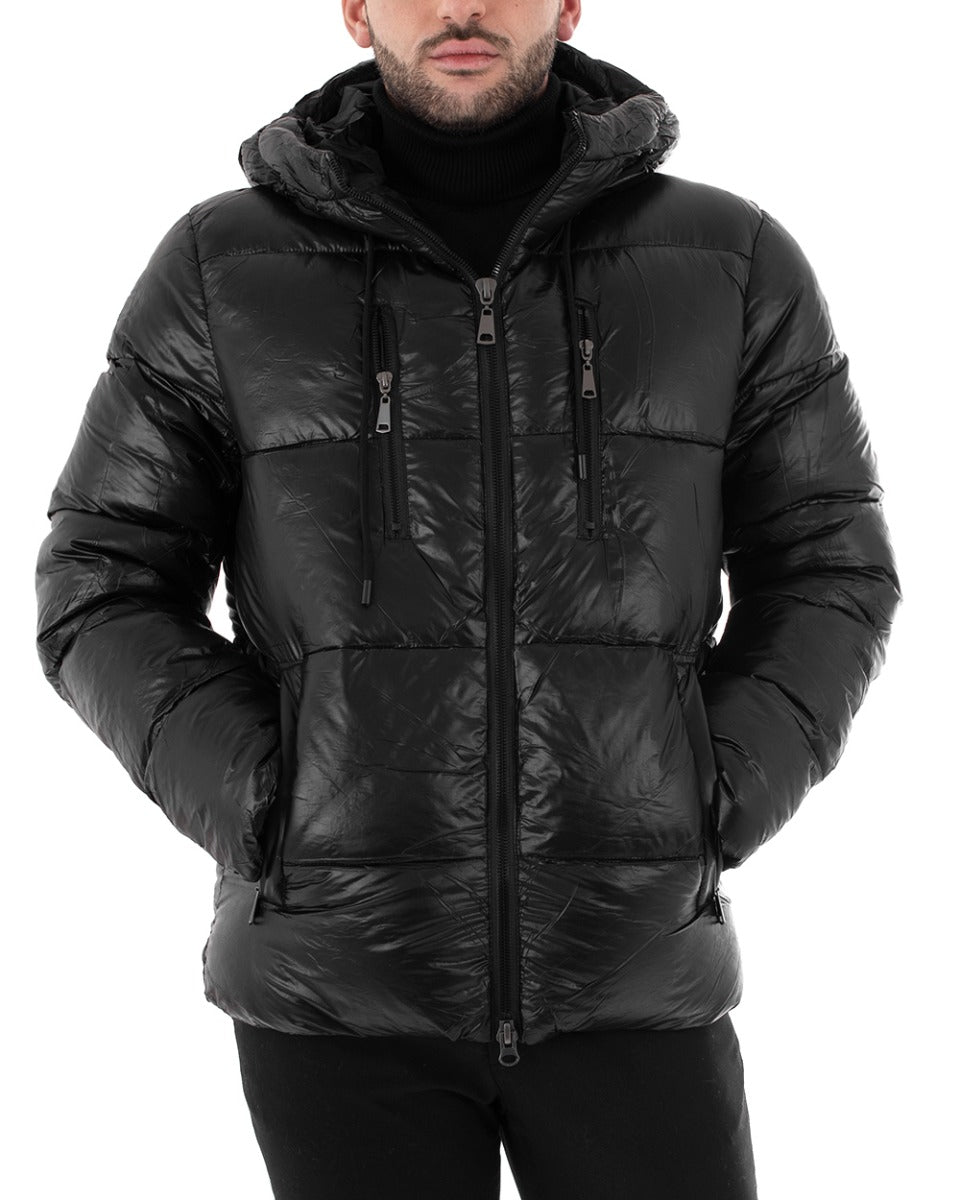 Giubbotto Uomo Bomber Tinta Unita Nero Lucido Opaco Puffer Trapuntato Cappuccio GIOSAL-G2729A