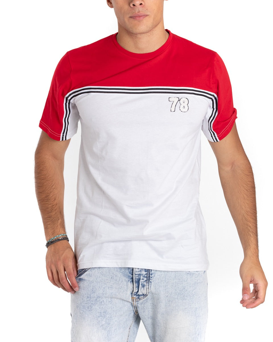 T-Shirt Uomo Girocollo Righe Bicolore Rossa Bianca Stampa Casual GIOSA