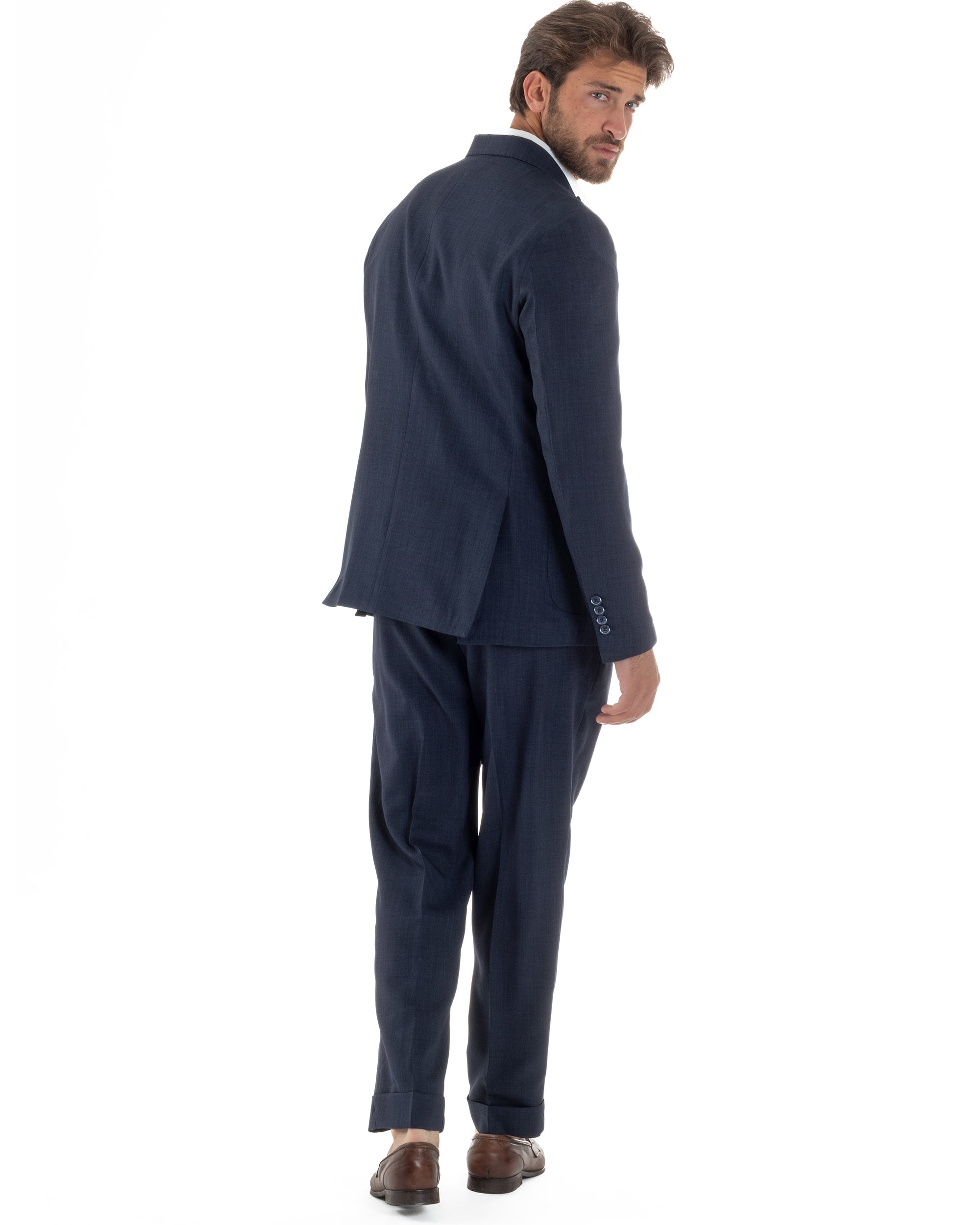 Abito Uomo Monopetto Melangiato Vestito Completo Sartoriale Elegante Giacca Rever A Lancia Pantaloni Gurkha Fibbie Blu GIOSAL-AE1141A