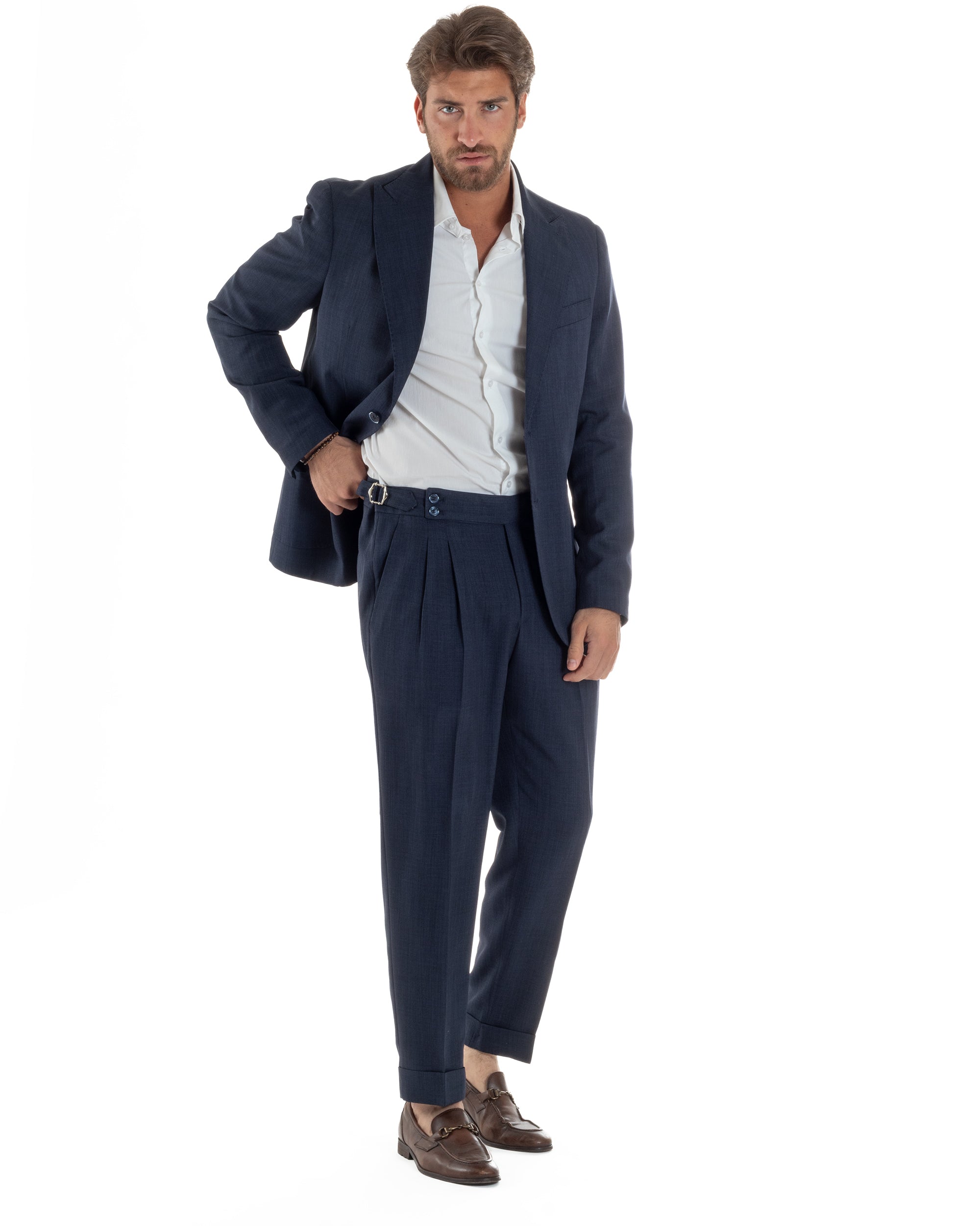 Abito Uomo Monopetto Melangiato Vestito Completo Sartoriale Elegante Giacca Rever A Lancia Pantaloni Gurkha Fibbie Blu GIOSAL-AE1141A