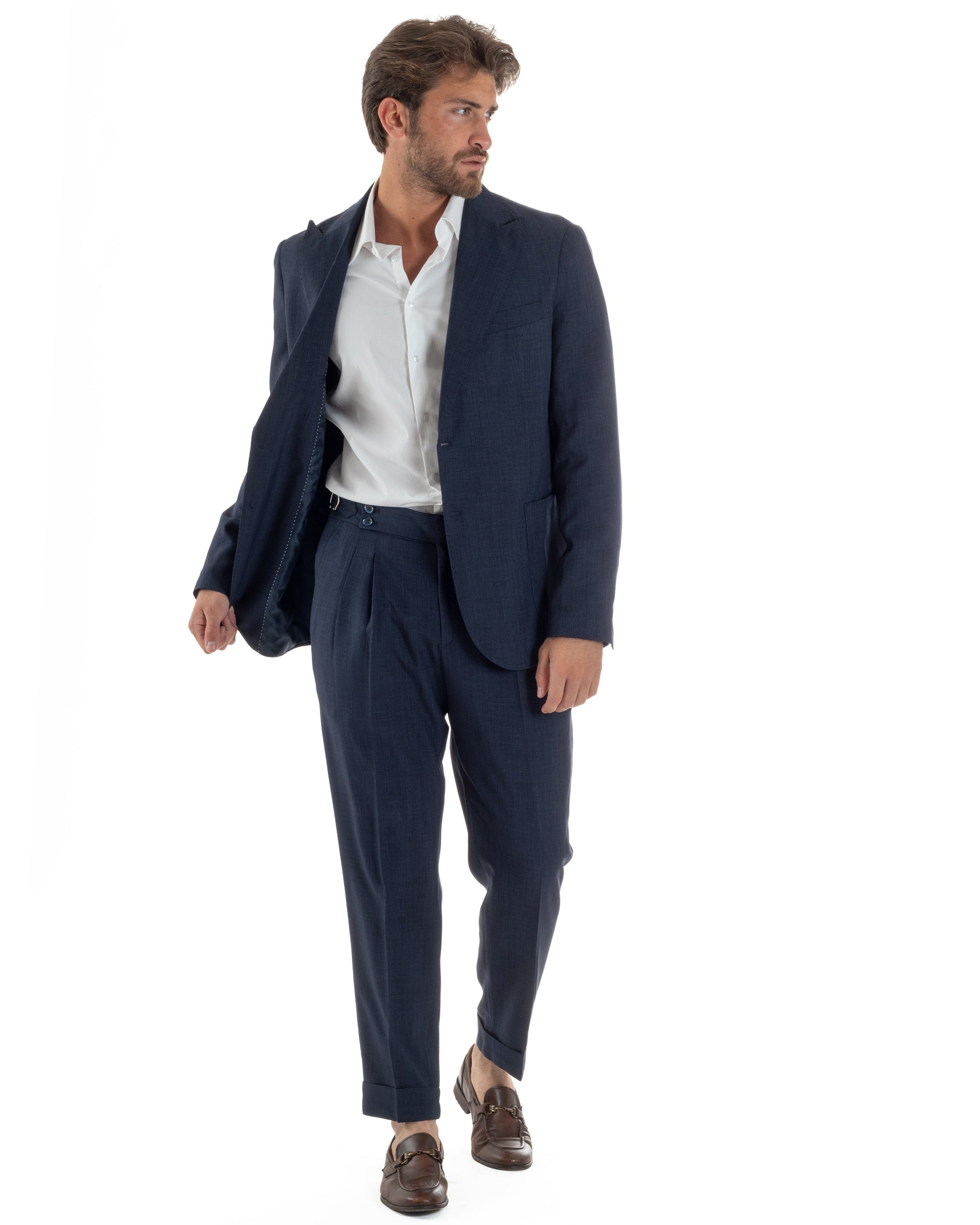 Abito Uomo Monopetto Melangiato Vestito Completo Sartoriale Elegante Giacca Rever A Lancia Pantaloni Gurkha Fibbie Blu GIOSAL-AE1141A