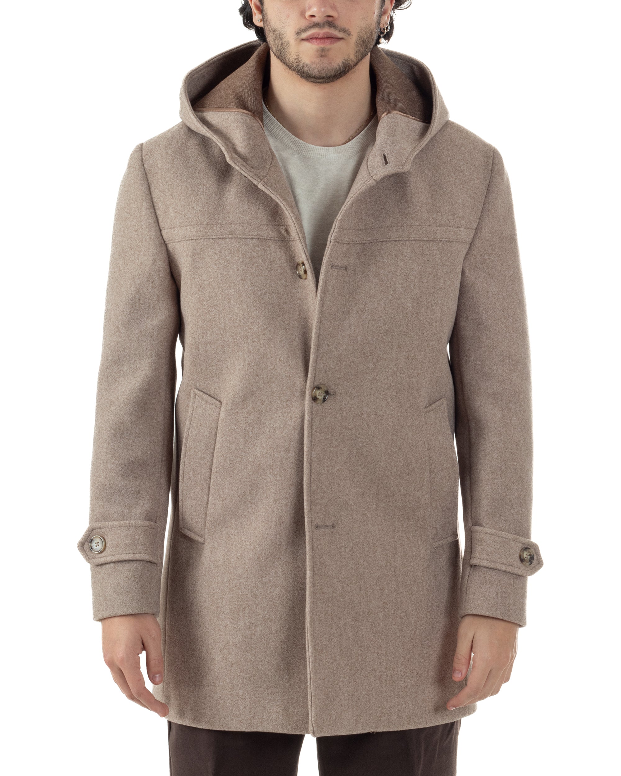 Cappotto Uomo Cappuccio Monopetto Tinta Unita Beige CO1104A