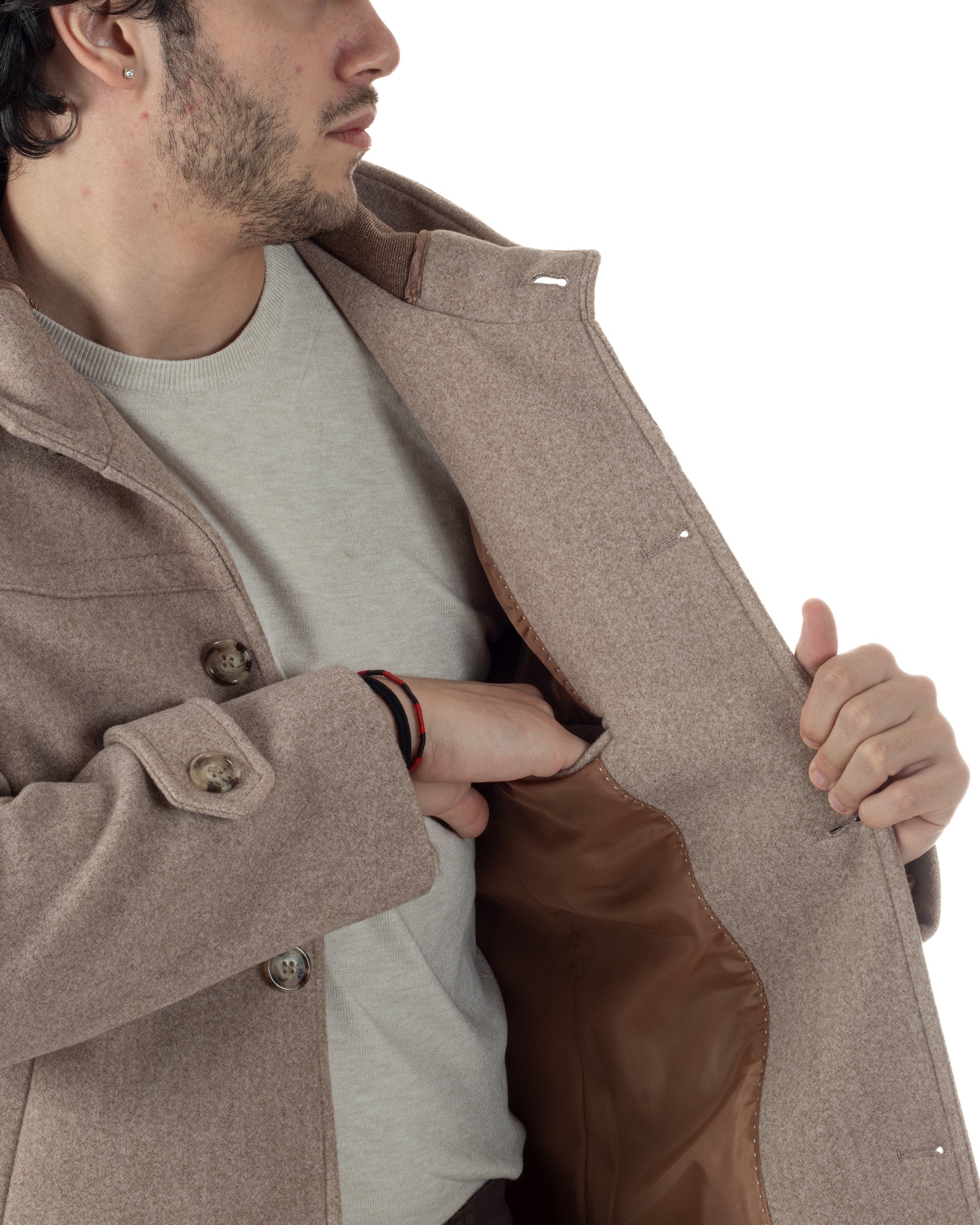 Cappotto Uomo Cappuccio Monopetto Tinta Unita Beige CO1104A