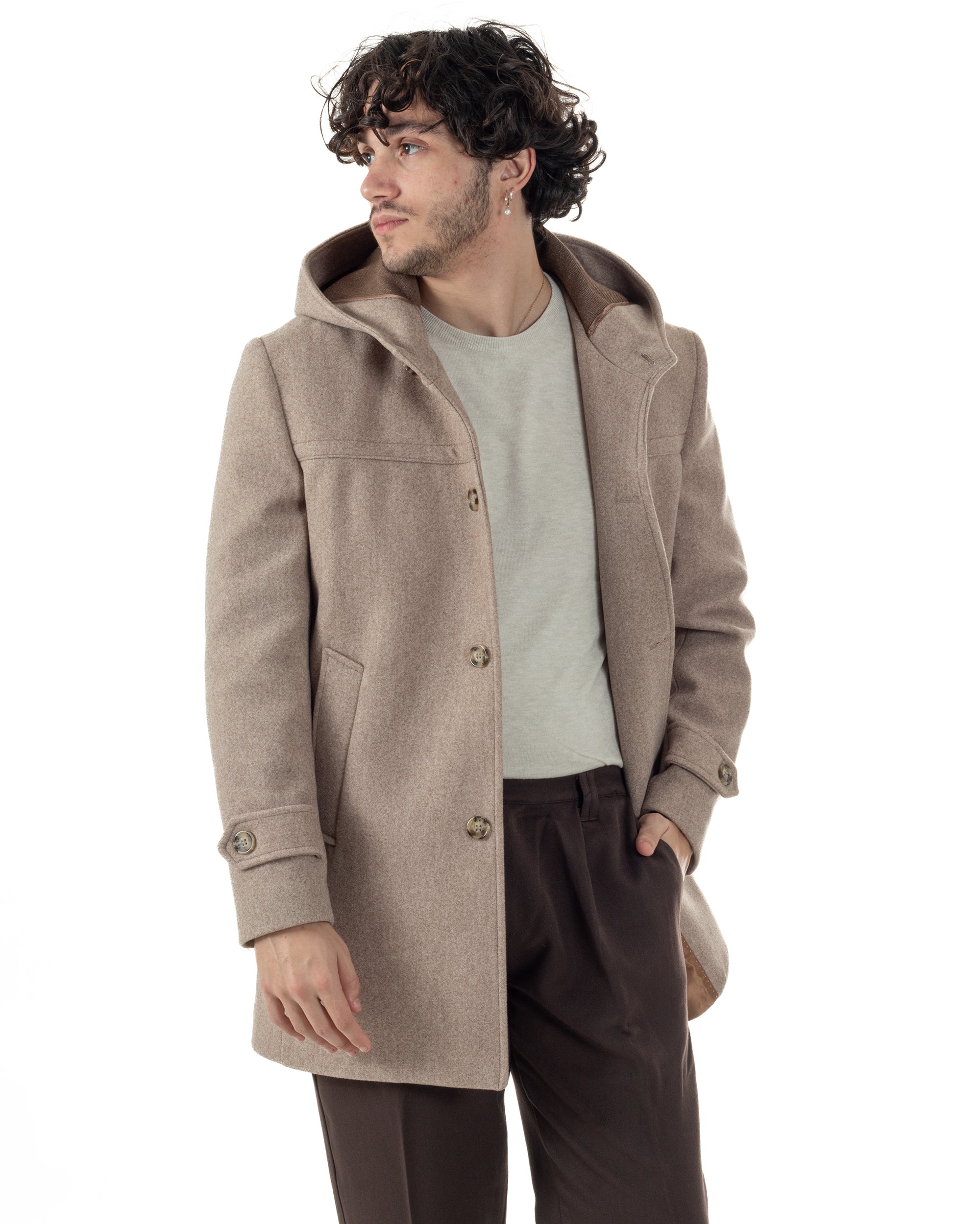 Cappotto Uomo Cappuccio Monopetto Tinta Unita Beige CO1104A