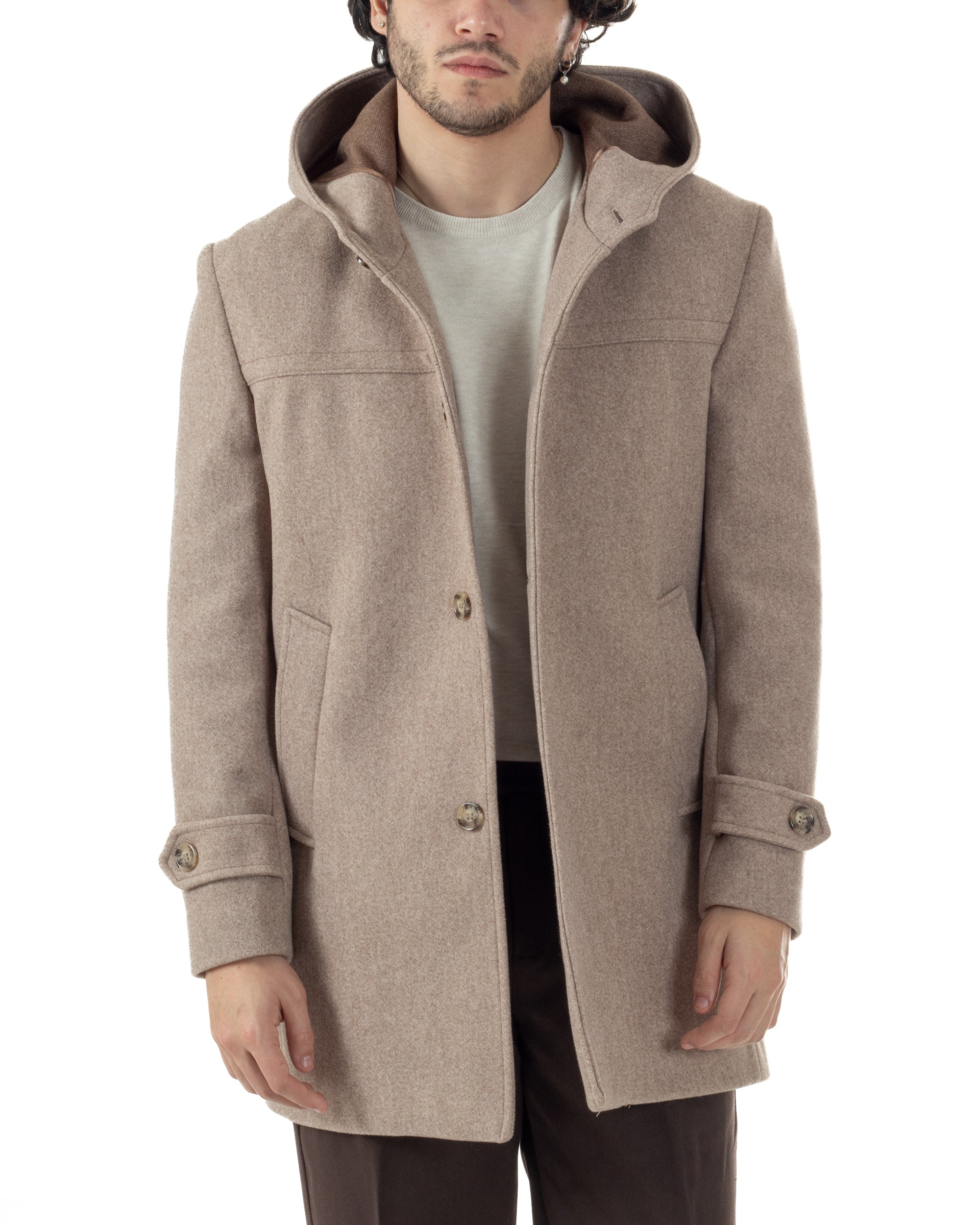 Cappotto Uomo Cappuccio Monopetto Tinta Unita Beige CO1104A