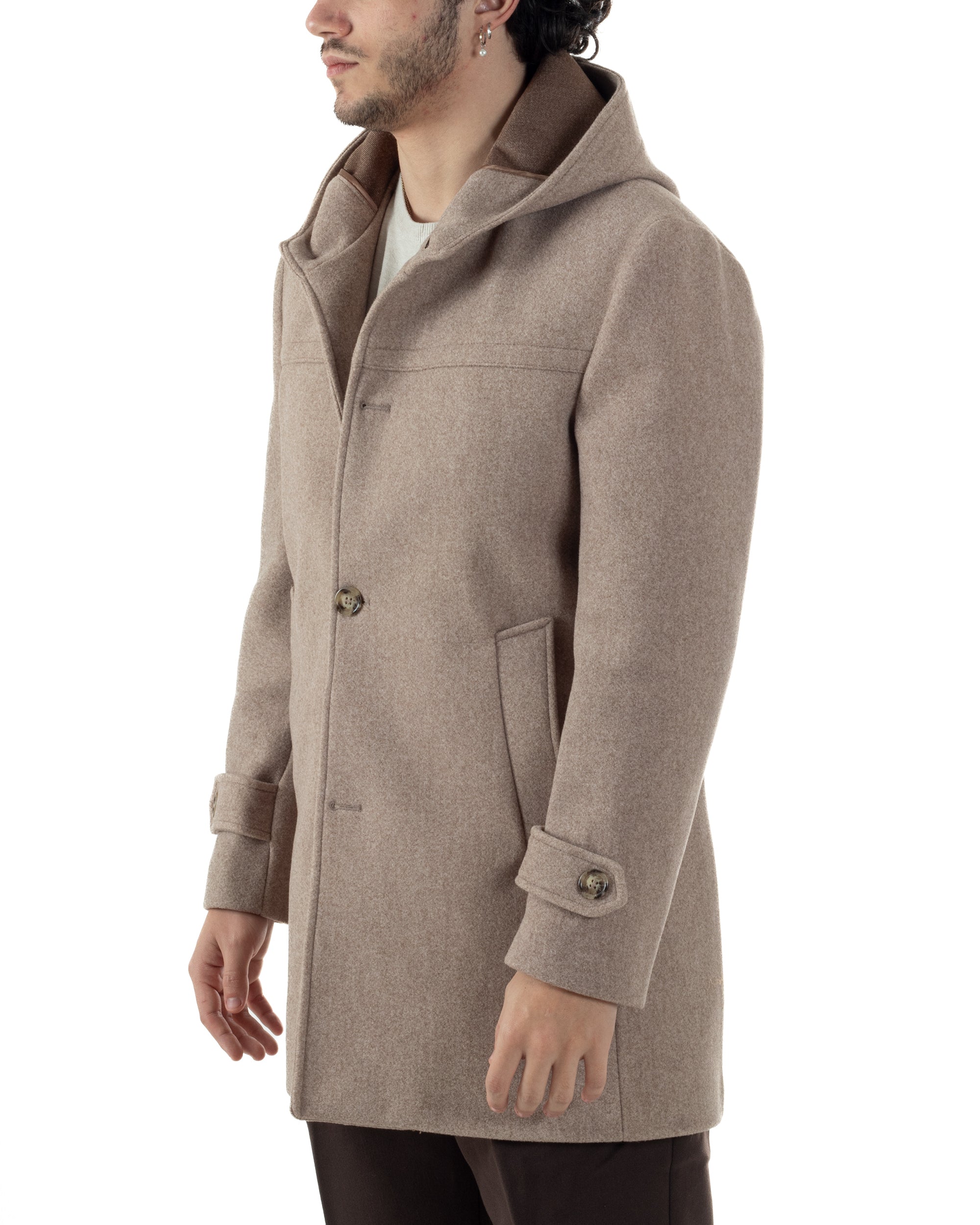 Cappotto Uomo Cappuccio Monopetto Tinta Unita Beige CO1104A