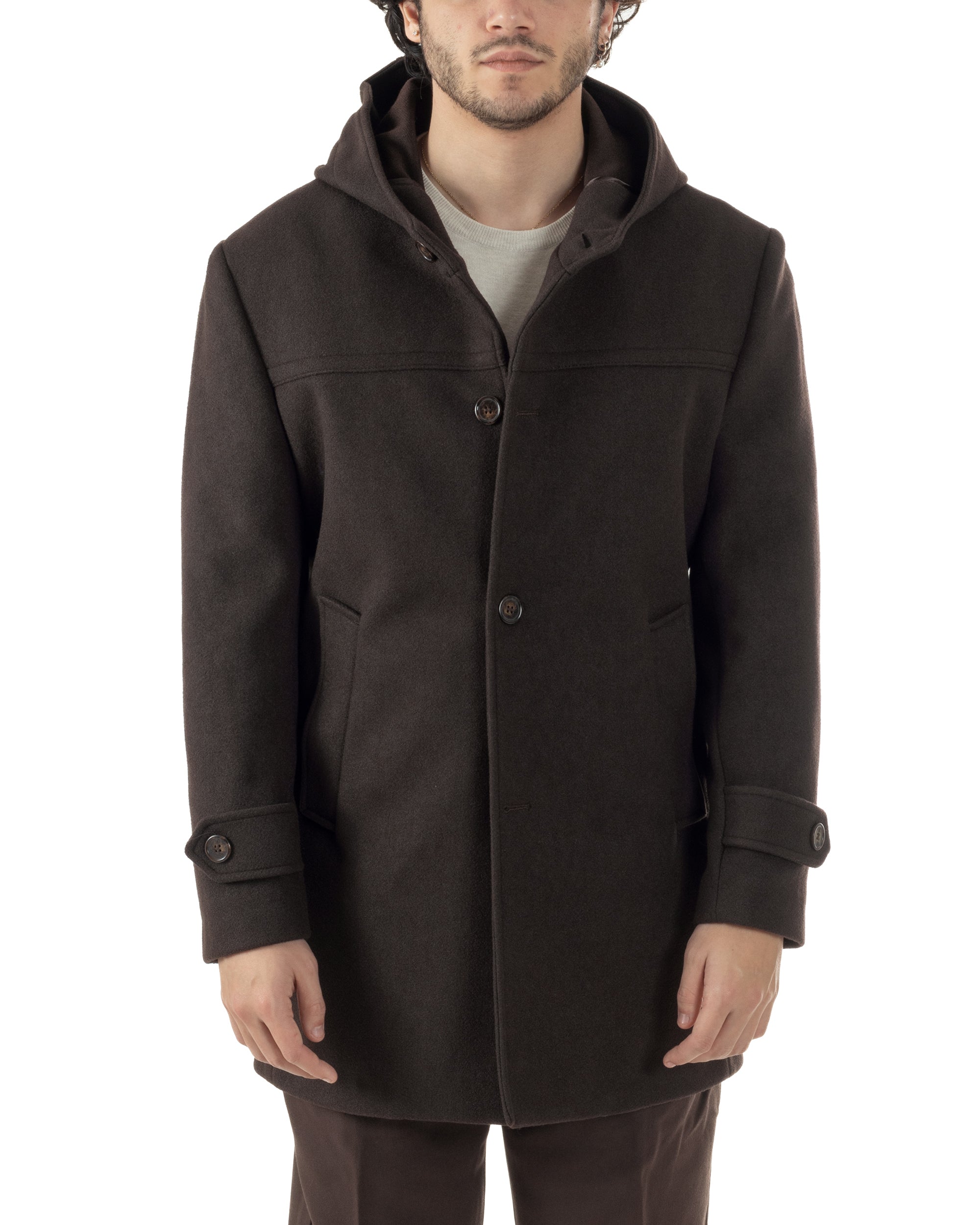 Cappotto Uomo Cappuccio Monopetto Tinta Unita Marrone CO1106A