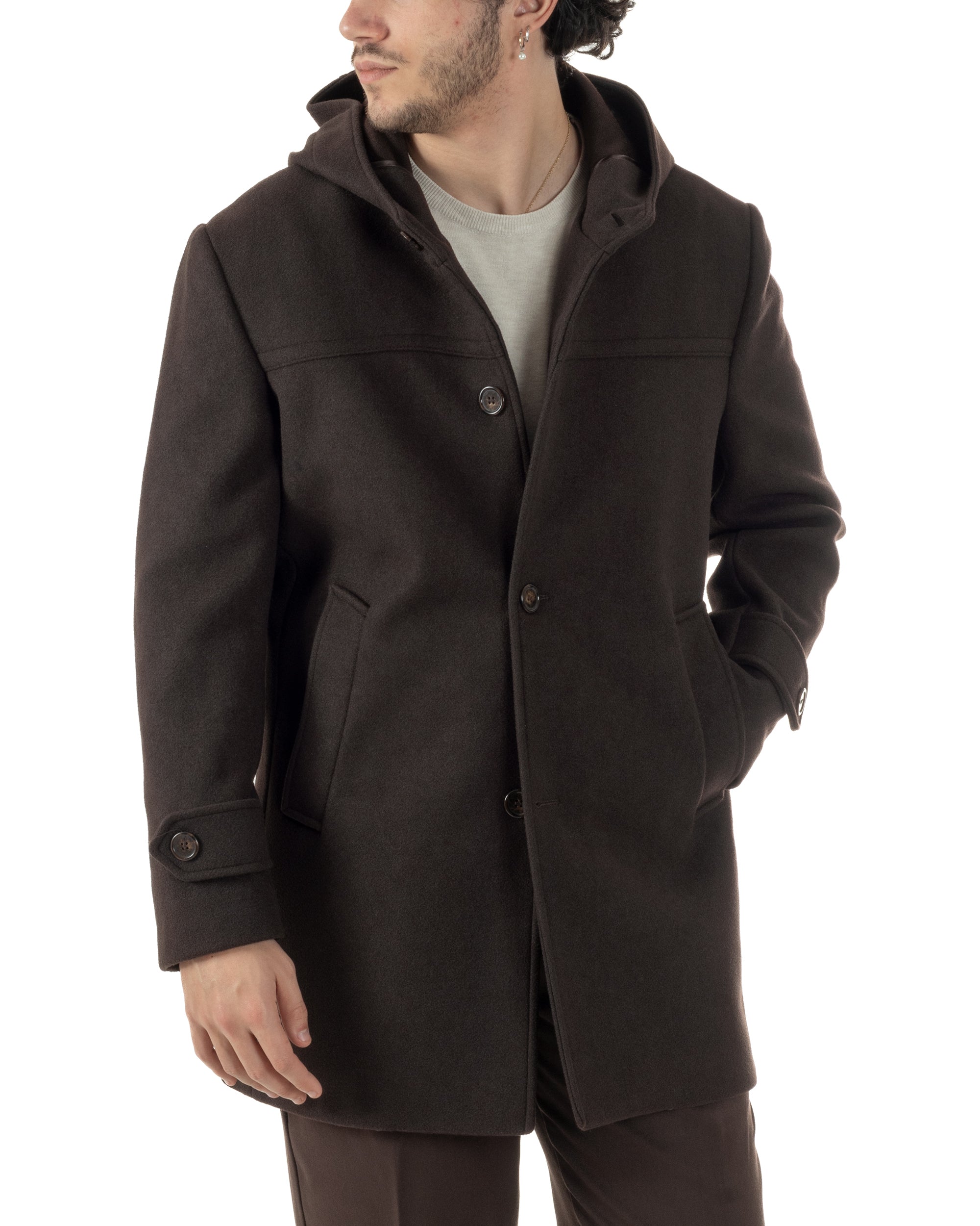 Cappotto Uomo Cappuccio Monopetto Tinta Unita Marrone CO1106A