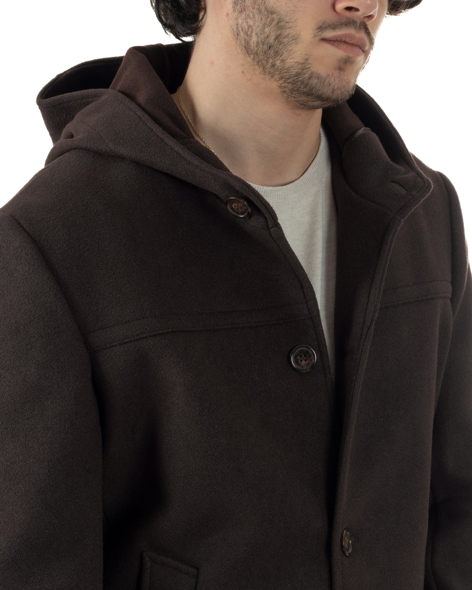 Cappotto Uomo Cappuccio Monopetto Tinta Unita Marrone CO1106A
