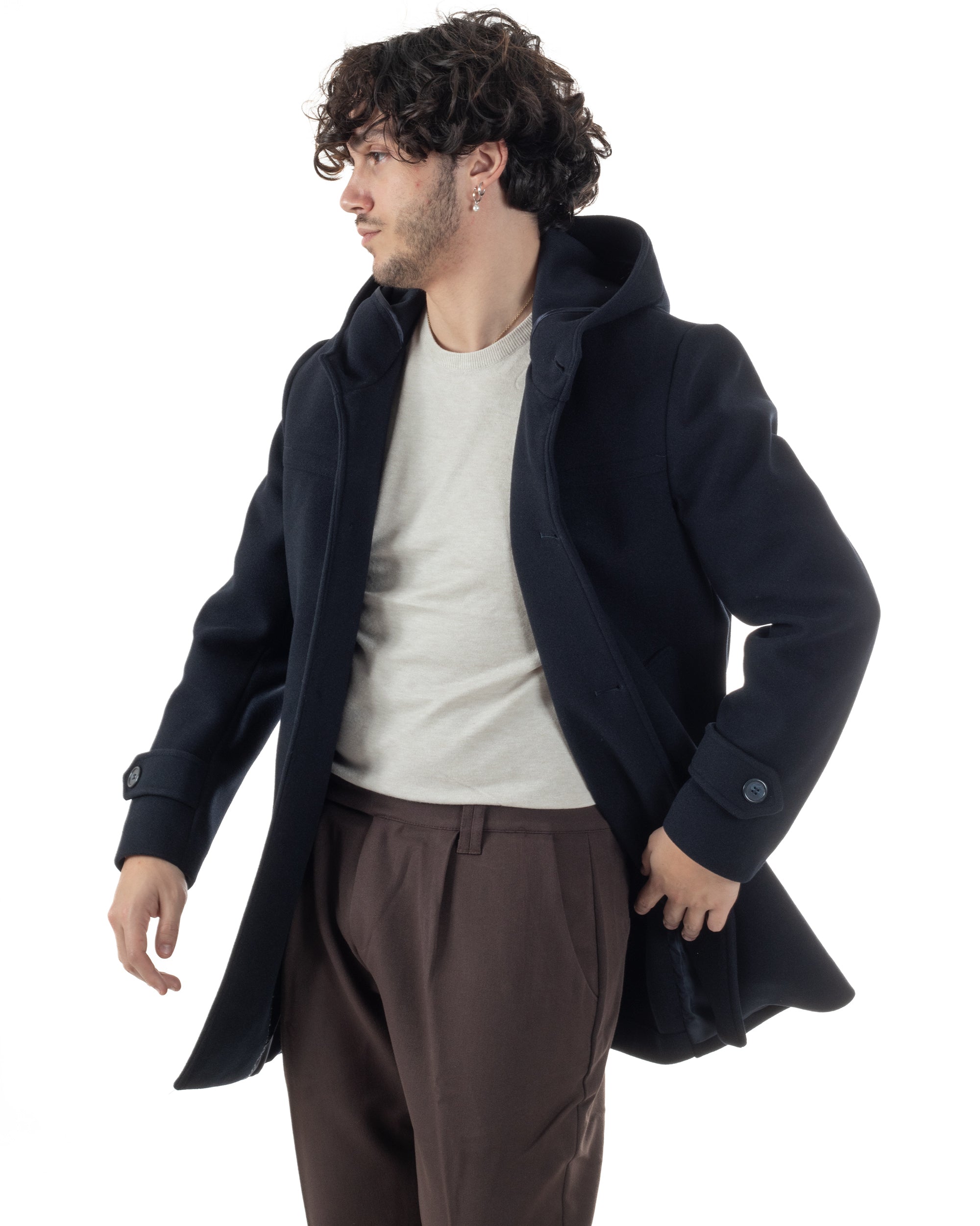 Cappotto Uomo Cappuccio Monopetto Tinta Unita Blu CO1105A