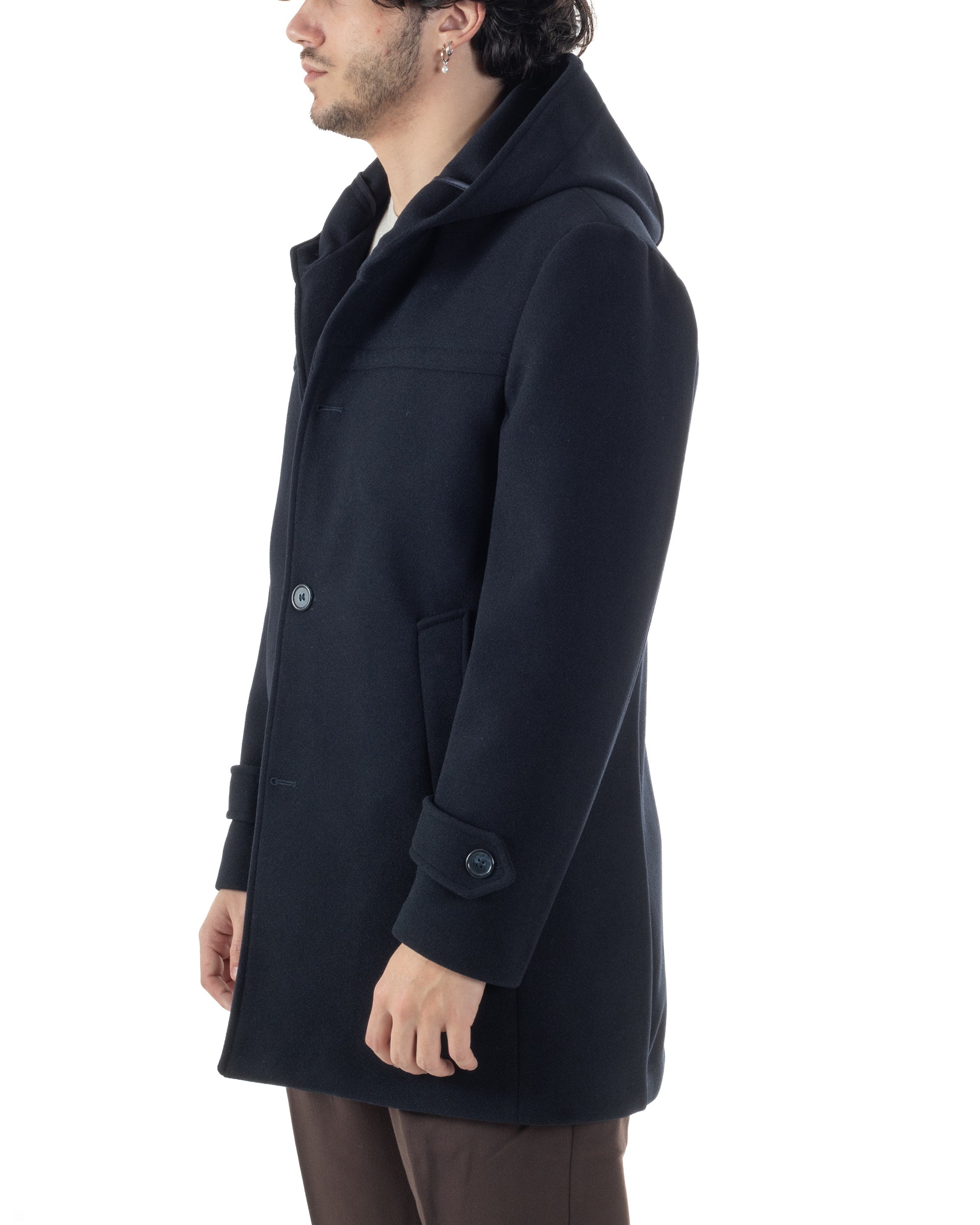 Cappotto Uomo Cappuccio Monopetto Tinta Unita Blu CO1105A