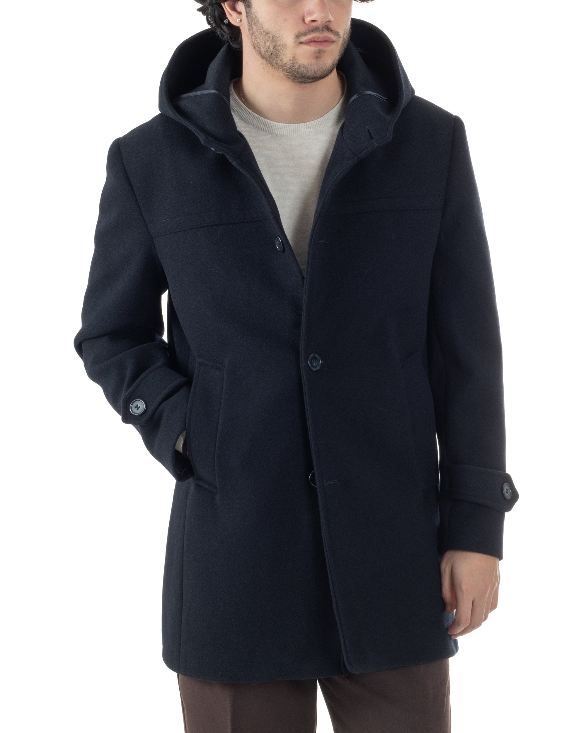 Cappotto Uomo Cappuccio Monopetto Tinta Unita Blu CO1105A