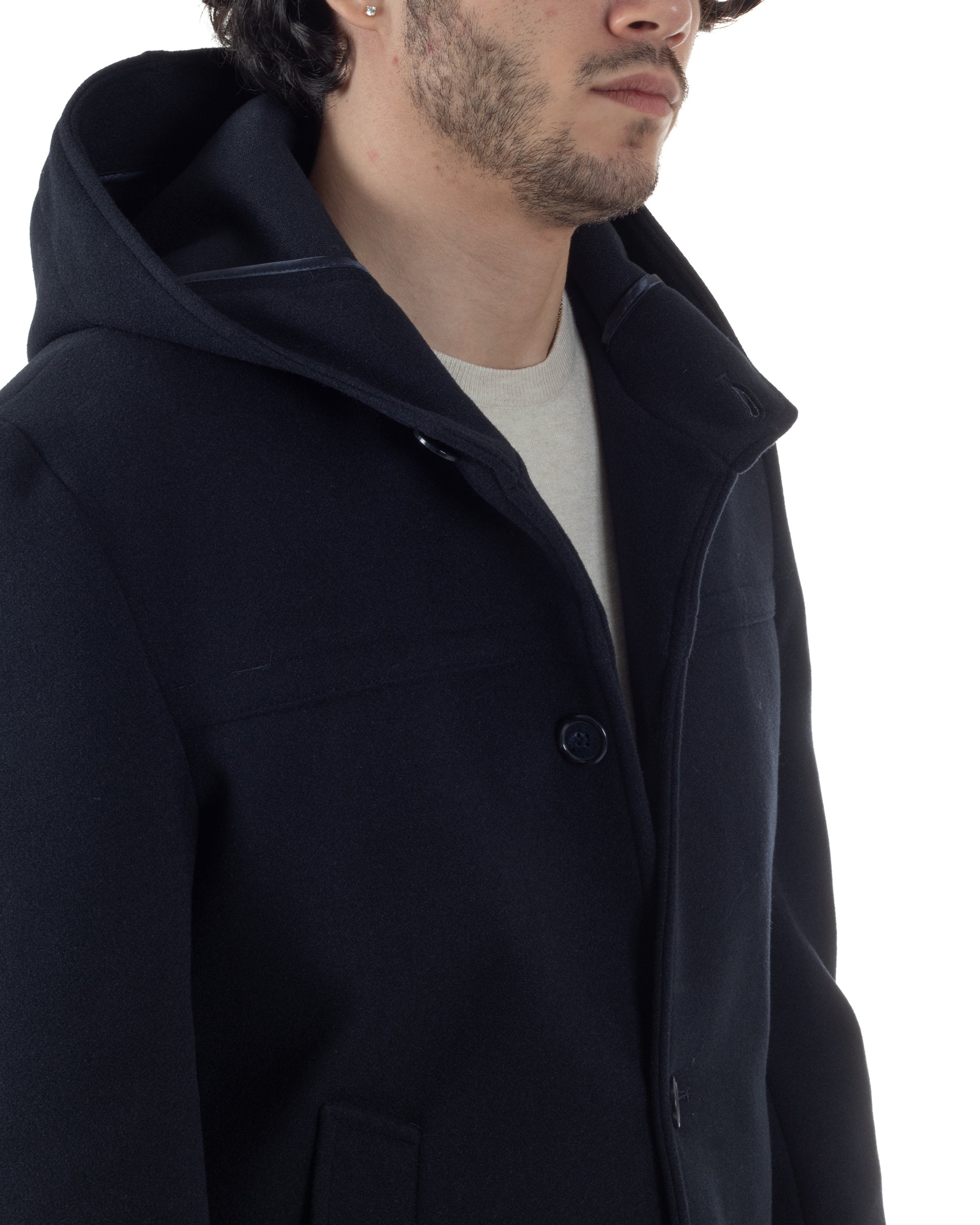 Cappotto Uomo Cappuccio Monopetto Tinta Unita Blu CO1105A