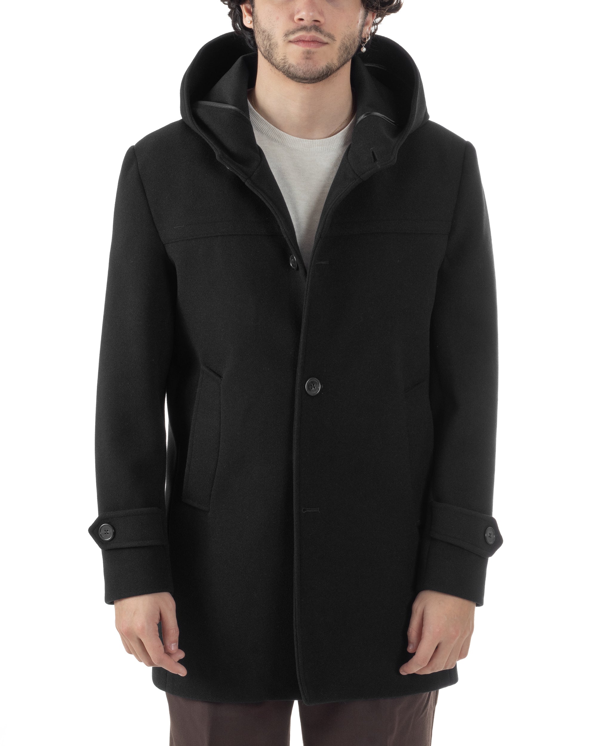 Cappotto Uomo Cappuccio Monopetto Tinta Unita Nero CO1103A