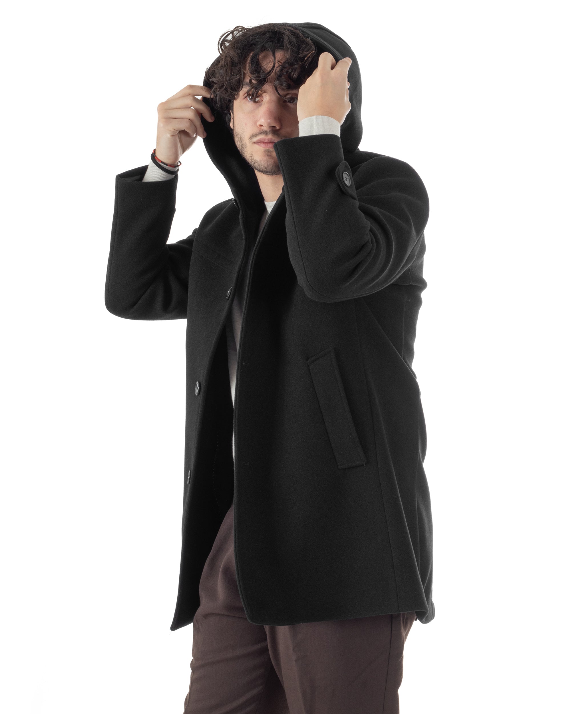 Cappotto Uomo Cappuccio Monopetto Tinta Unita Nero CO1103A