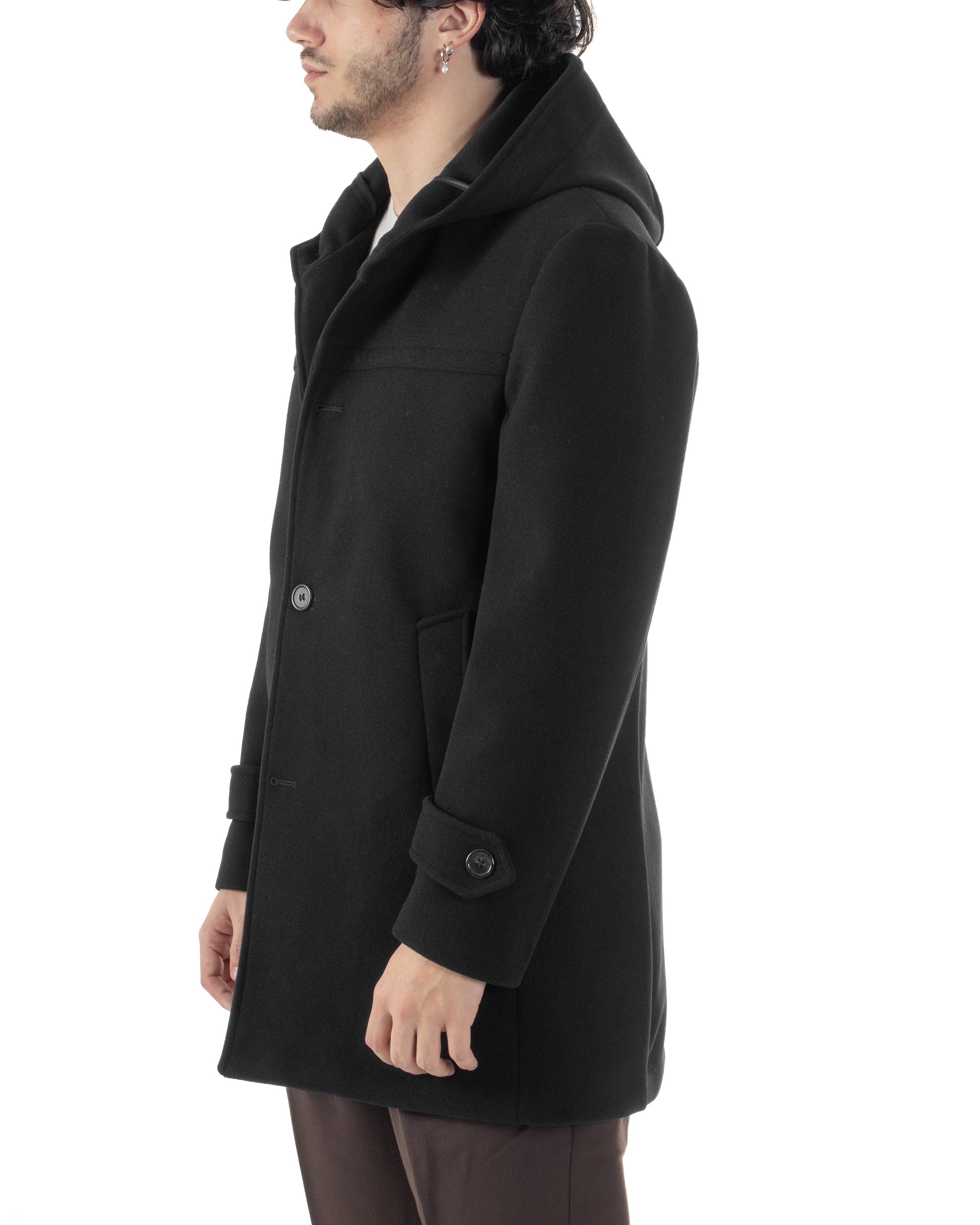 Cappotto Uomo Cappuccio Monopetto Tinta Unita Nero CO1103A