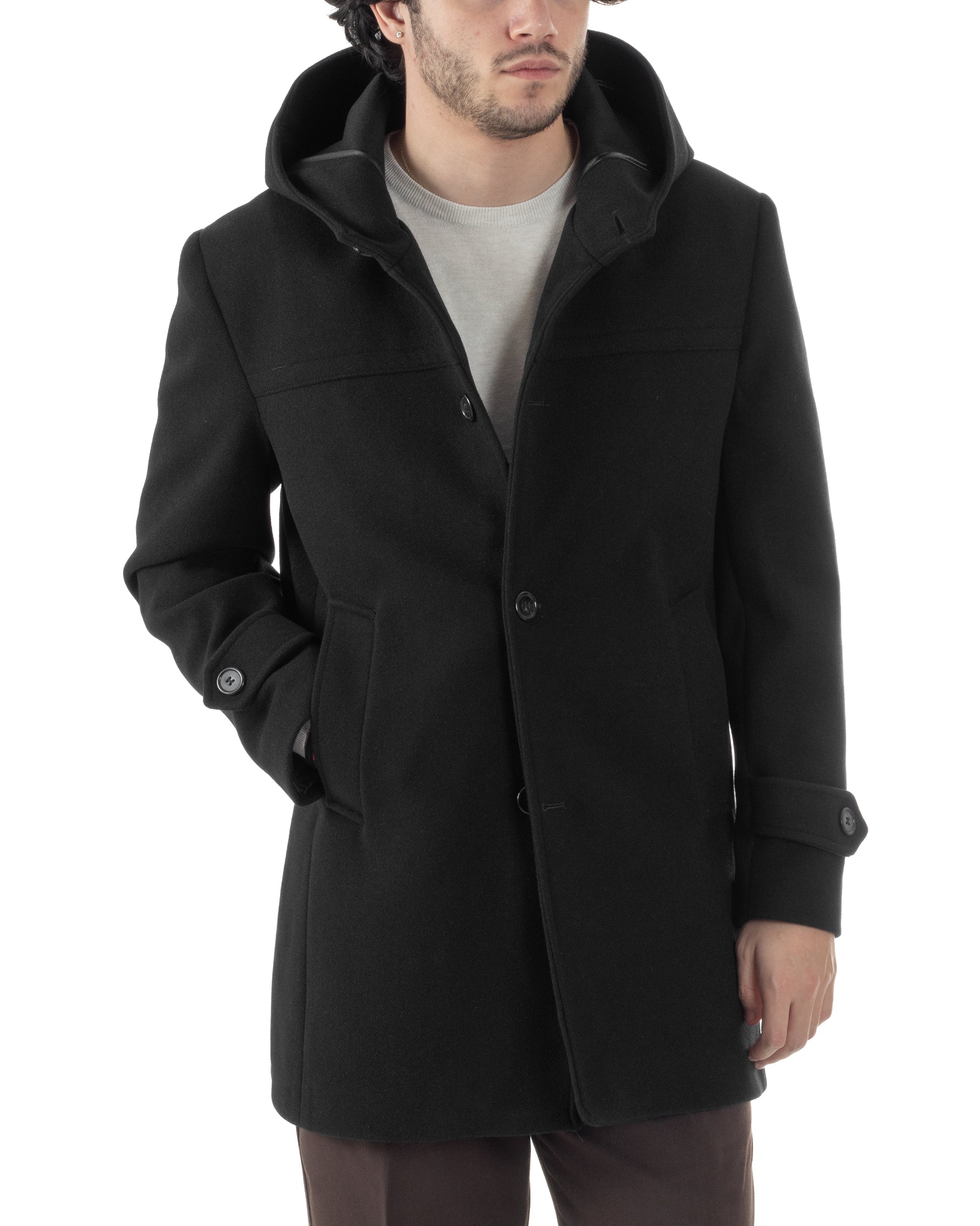 Cappotto Uomo Cappuccio Monopetto Tinta Unita Nero CO1103A