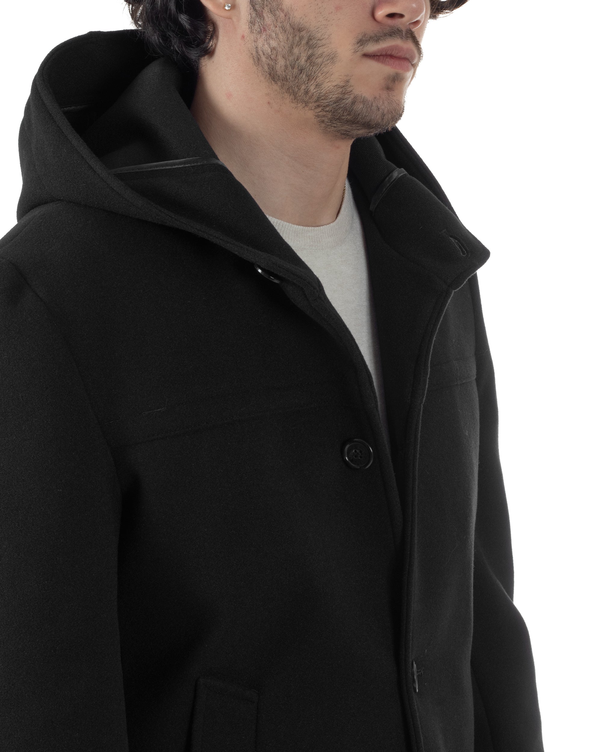 Cappotto Uomo Cappuccio Monopetto Tinta Unita Nero CO1103A