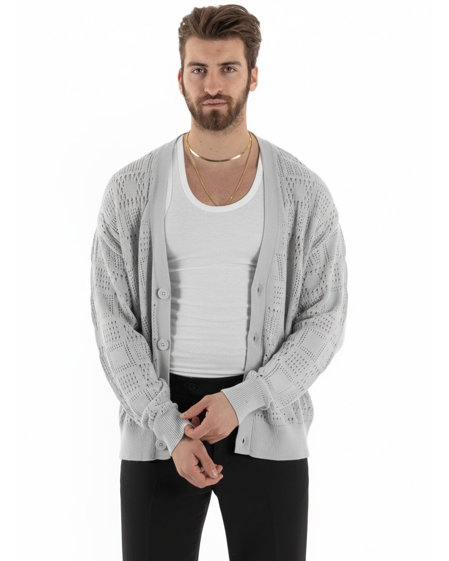 Cardigan Uomo Maglioncino Traforato Giacca Con Bottoni Grigio M2813A