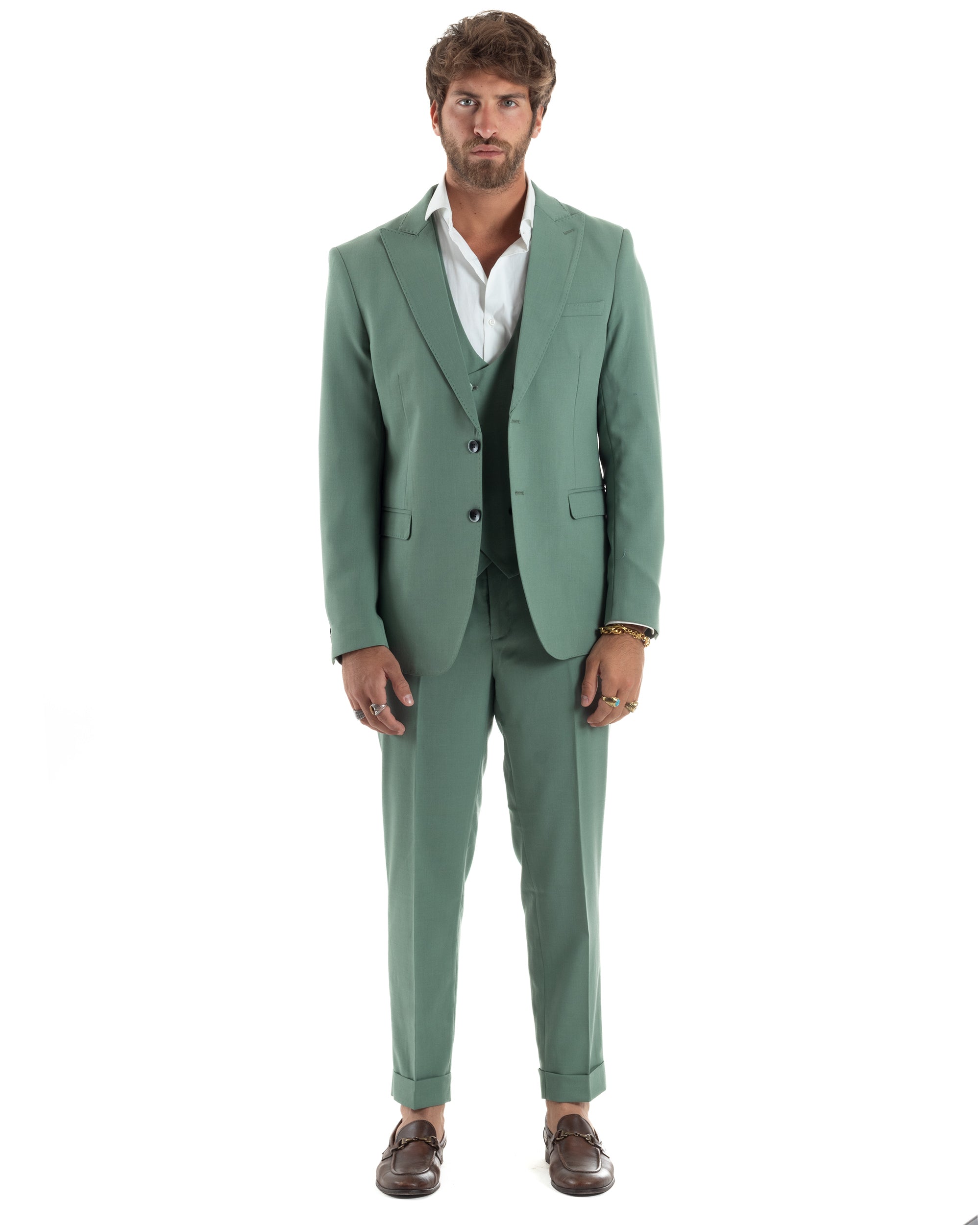 Abito Uomo Monopetto Vestito 3 Pezzi Completo Giacca Pantaloni Panciotto Elegante Sartoriale Melangiato Verde Salvia GIOSAL-AE1161A
