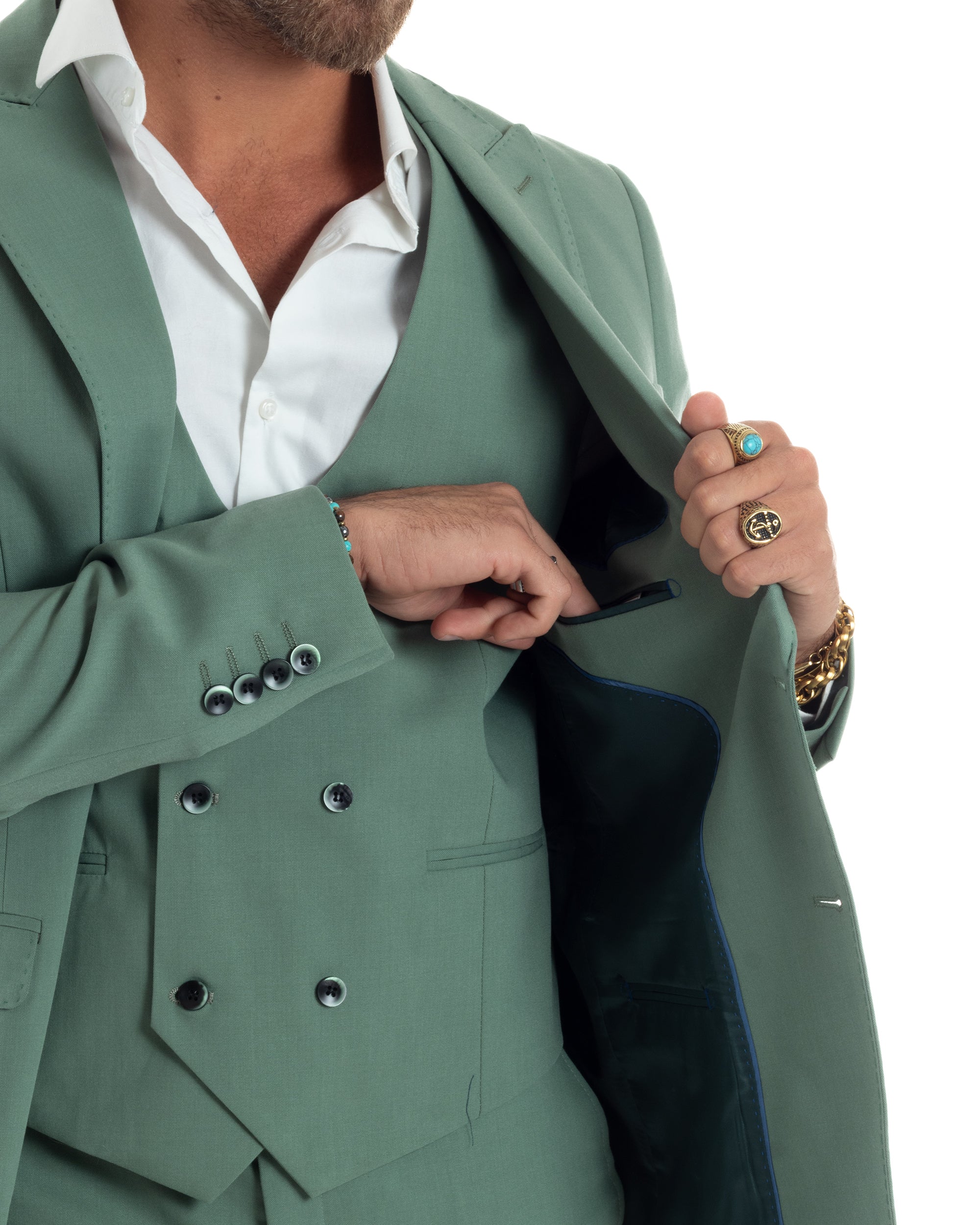 Abito Uomo Monopetto Vestito 3 Pezzi Completo Giacca Pantaloni Panciotto Elegante Sartoriale Melangiato Verde Salvia GIOSAL-AE1161A