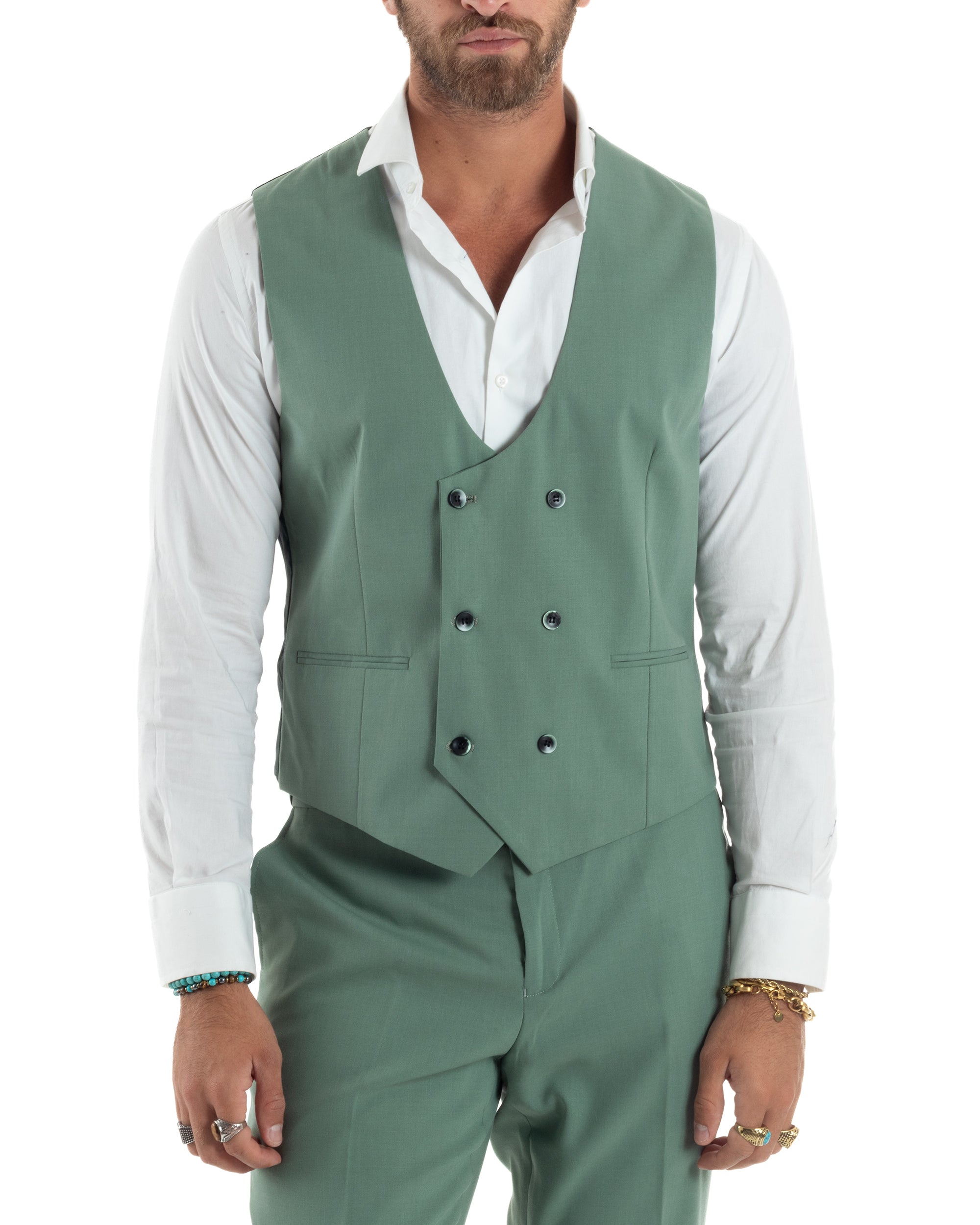 Abito Uomo Monopetto Vestito 3 Pezzi Completo Giacca Pantaloni Panciotto Elegante Sartoriale Melangiato Verde Salvia GIOSAL-AE1161A