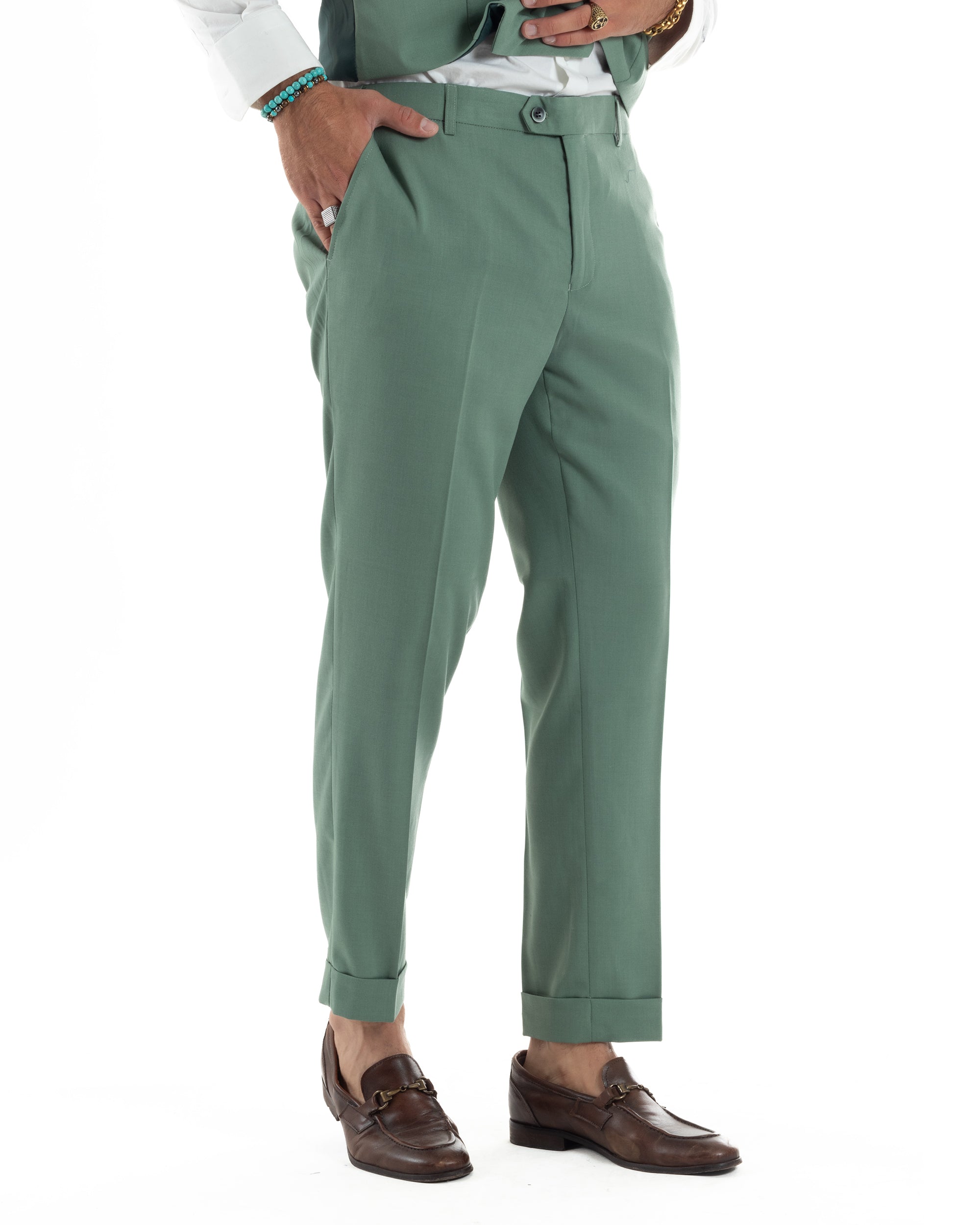 Abito Uomo Monopetto Vestito 3 Pezzi Completo Giacca Pantaloni Panciotto Elegante Sartoriale Melangiato Verde Salvia GIOSAL-AE1161A