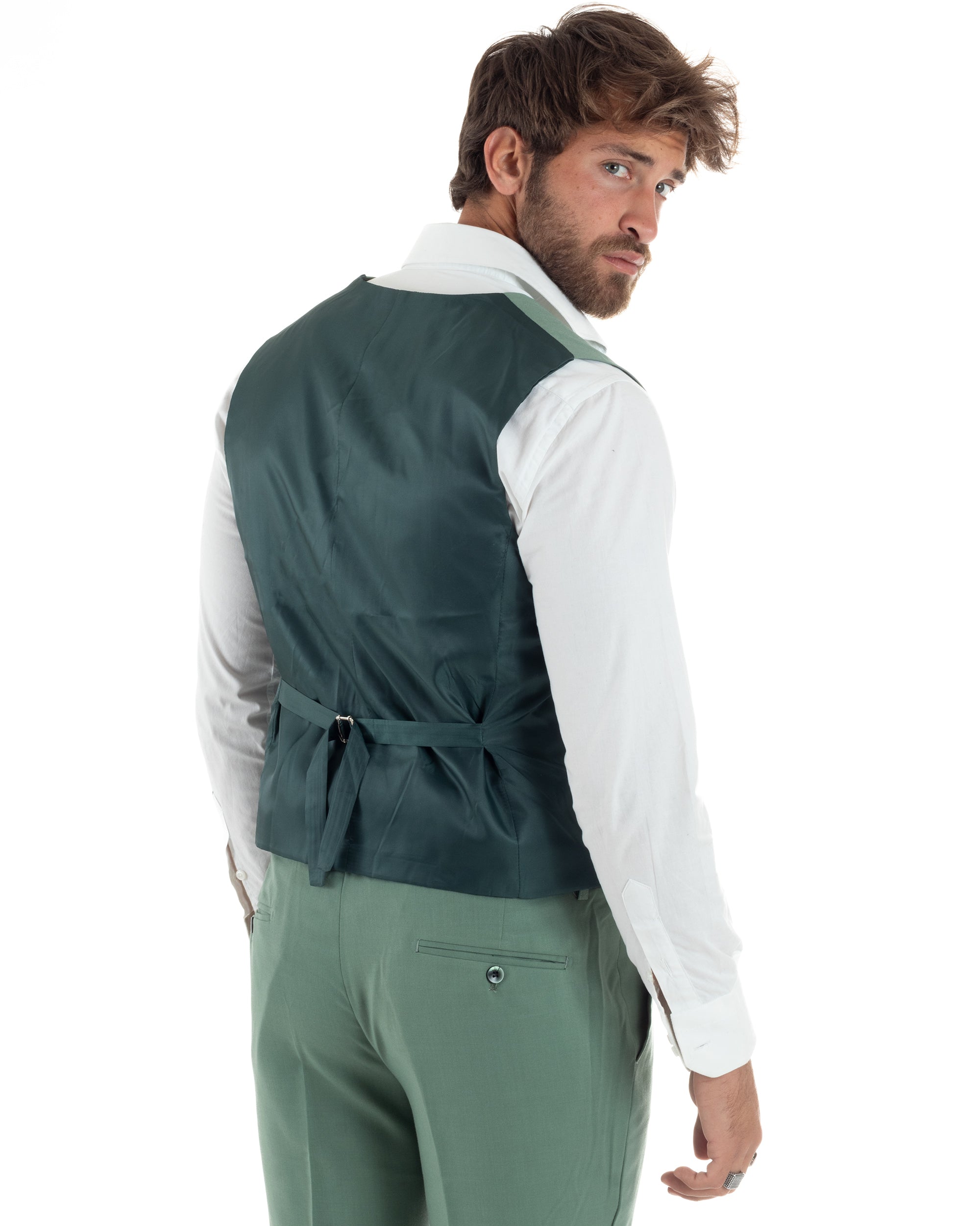 Abito Uomo Monopetto Vestito 3 Pezzi Completo Giacca Pantaloni Panciotto Elegante Sartoriale Melangiato Verde Salvia GIOSAL-AE1161A
