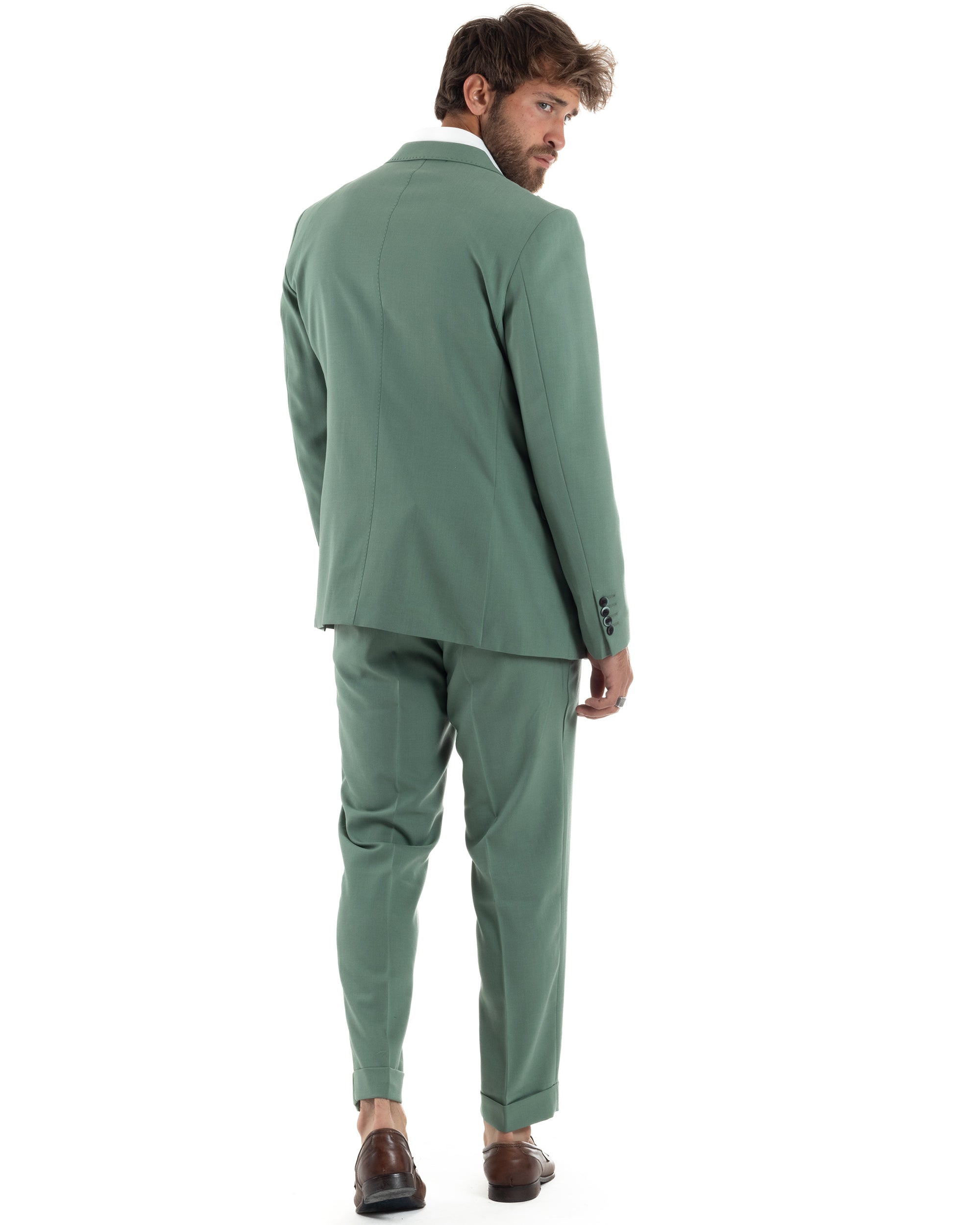 Abito Uomo Monopetto Vestito 3 Pezzi Completo Giacca Pantaloni Panciotto Elegante Sartoriale Melangiato Verde Salvia GIOSAL-AE1161A
