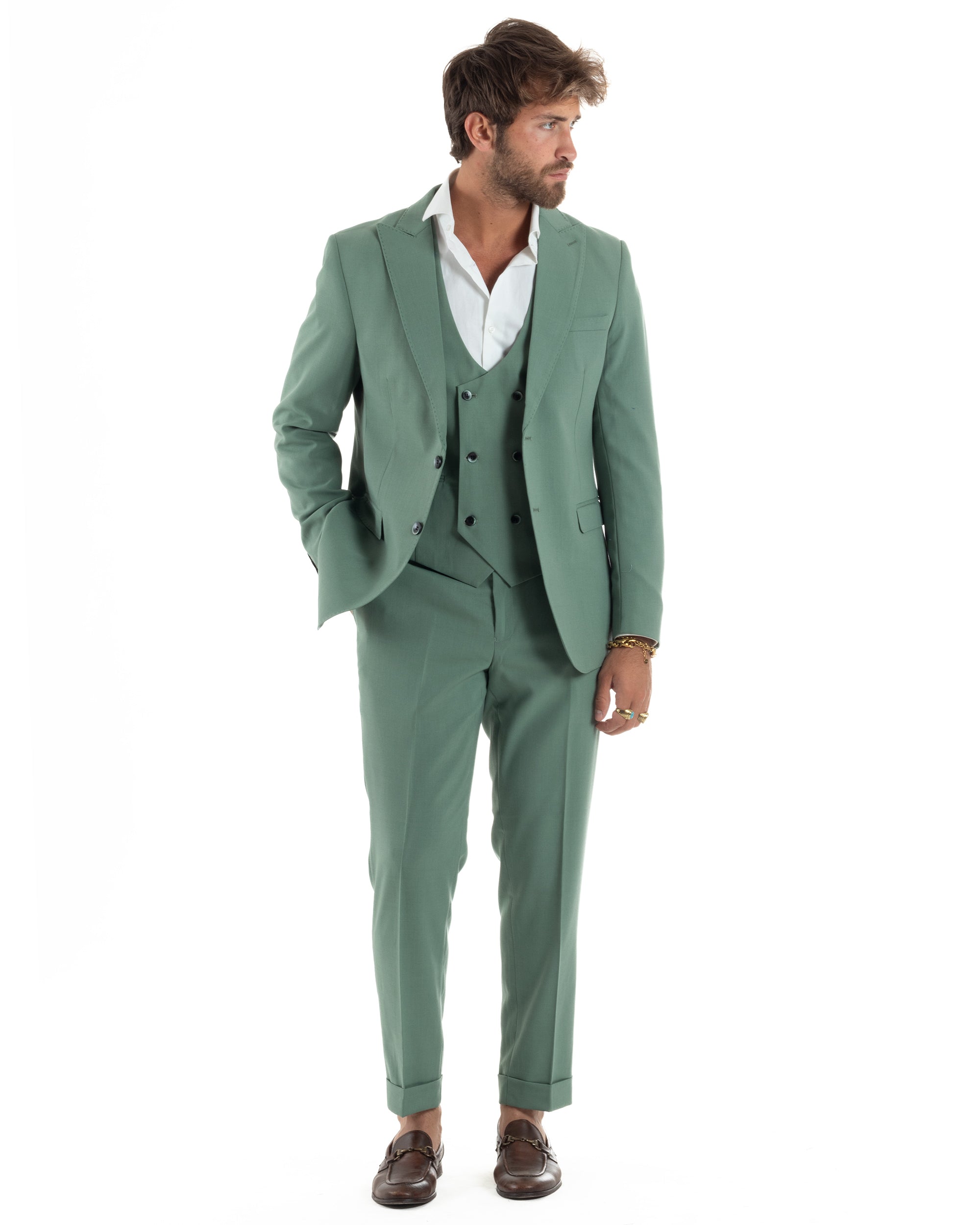 Abito Uomo Monopetto Vestito 3 Pezzi Completo Giacca Pantaloni Panciotto Elegante Sartoriale Melangiato Verde Salvia GIOSAL-AE1161A