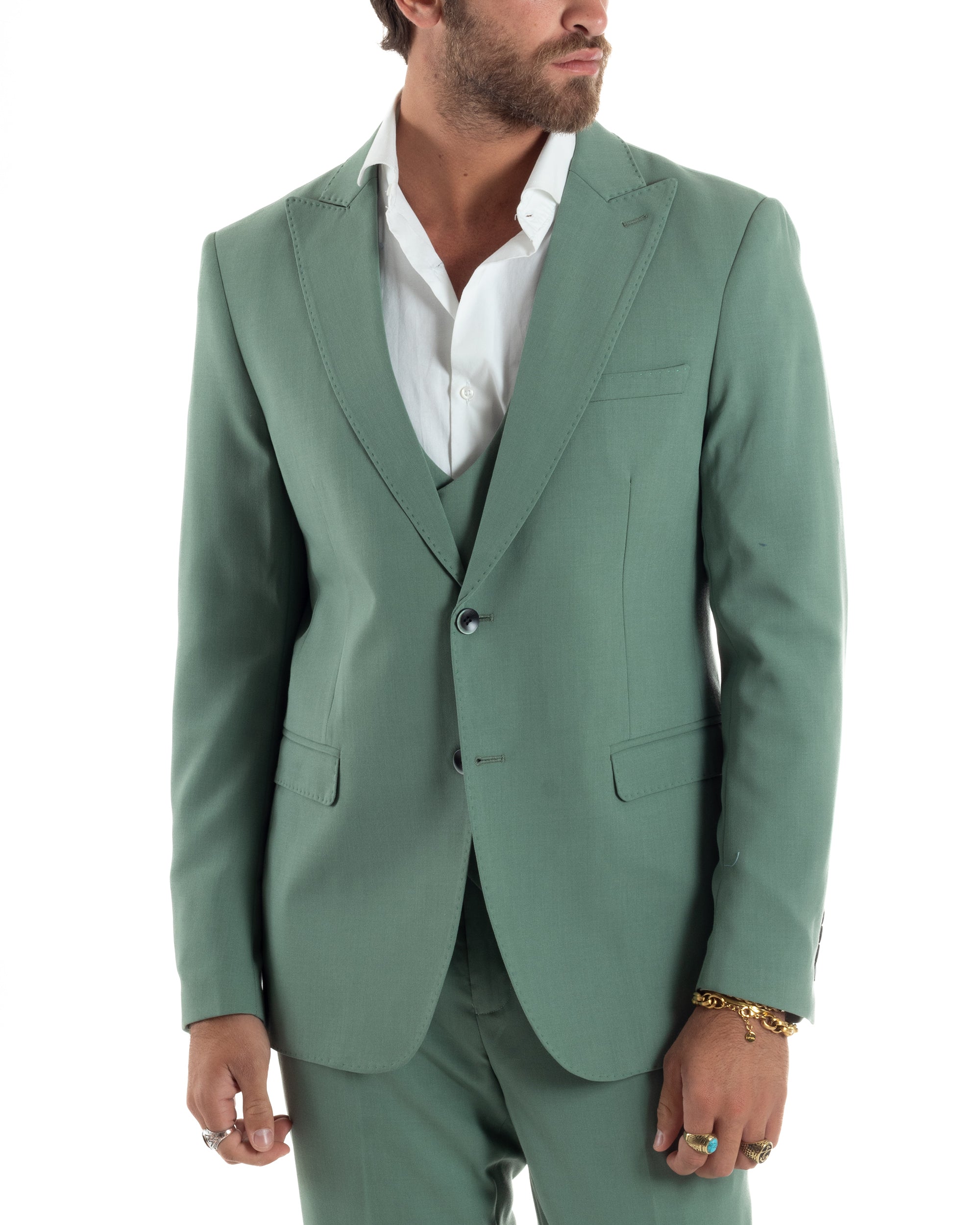 Abito Uomo Monopetto Vestito 3 Pezzi Completo Giacca Pantaloni Panciotto Elegante Sartoriale Melangiato Verde Salvia GIOSAL-AE1161A