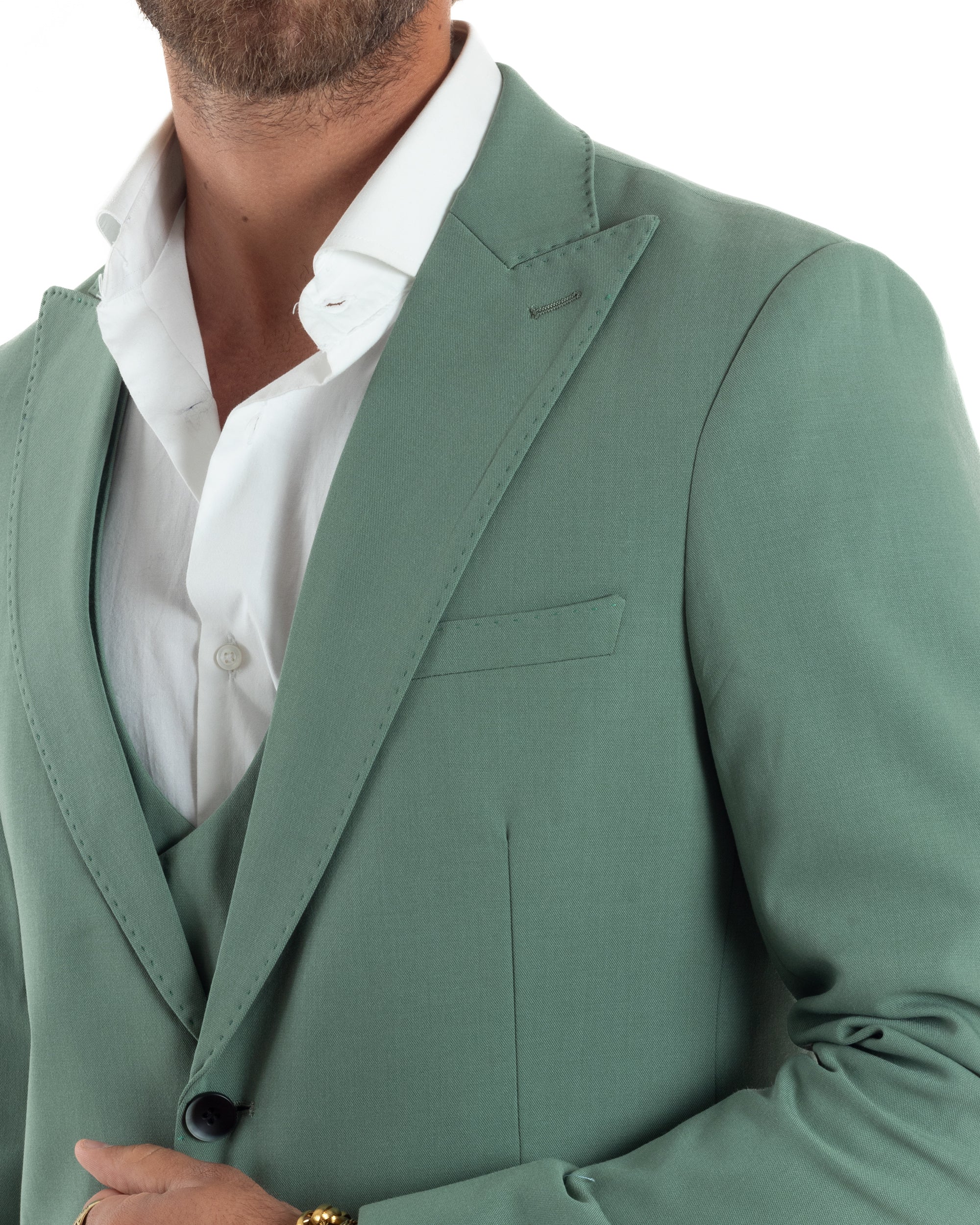 Abito Uomo Monopetto Vestito 3 Pezzi Completo Giacca Pantaloni Panciotto Elegante Sartoriale Melangiato Verde Salvia GIOSAL-AE1161A