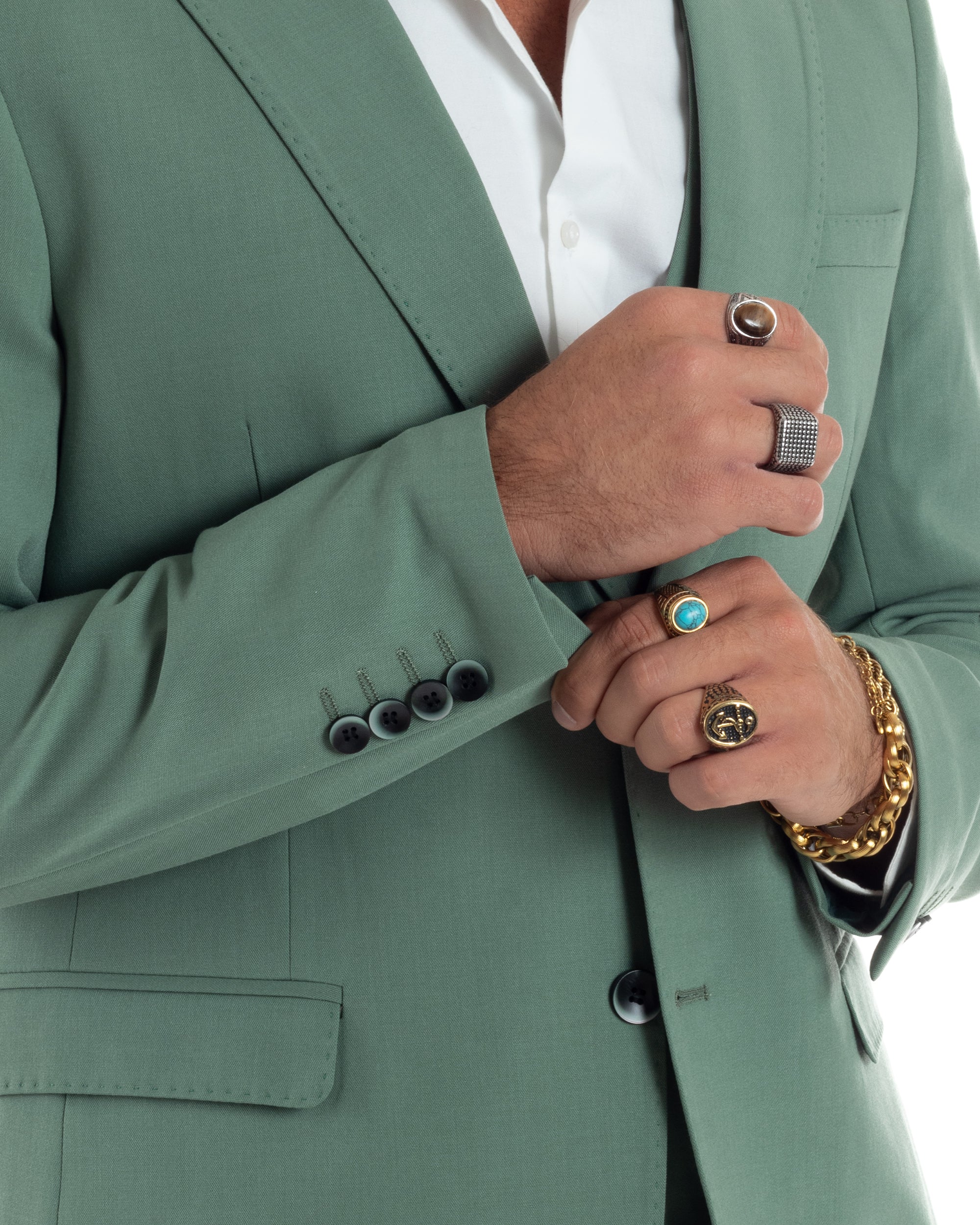 Abito Uomo Monopetto Vestito 3 Pezzi Completo Giacca Pantaloni Panciotto Elegante Sartoriale Melangiato Verde Salvia GIOSAL-AE1161A