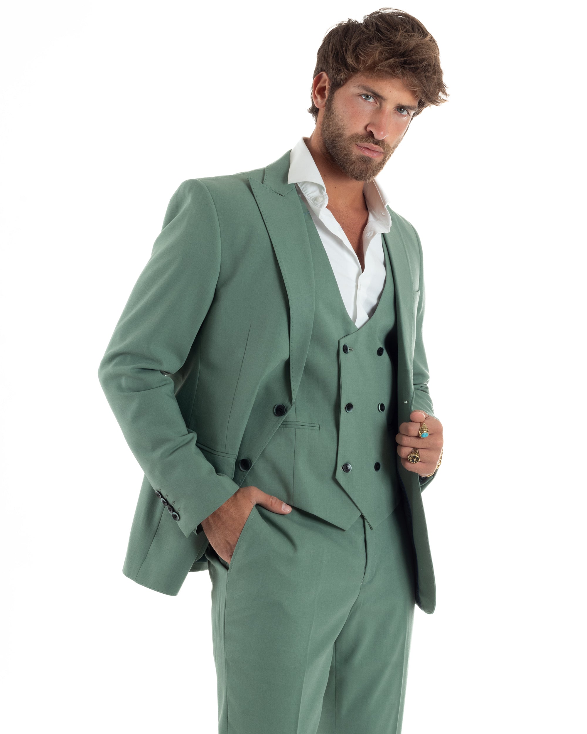 Abito Uomo Monopetto Vestito 3 Pezzi Completo Giacca Pantaloni Panciotto Elegante Sartoriale Melangiato Verde Salvia GIOSAL-AE1161A