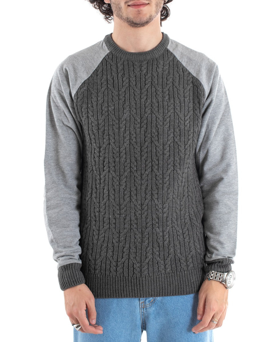 Maglioncino Uomo Maglia Girocollo Grigio Melangiato Trecce GIOSAL-M1665A