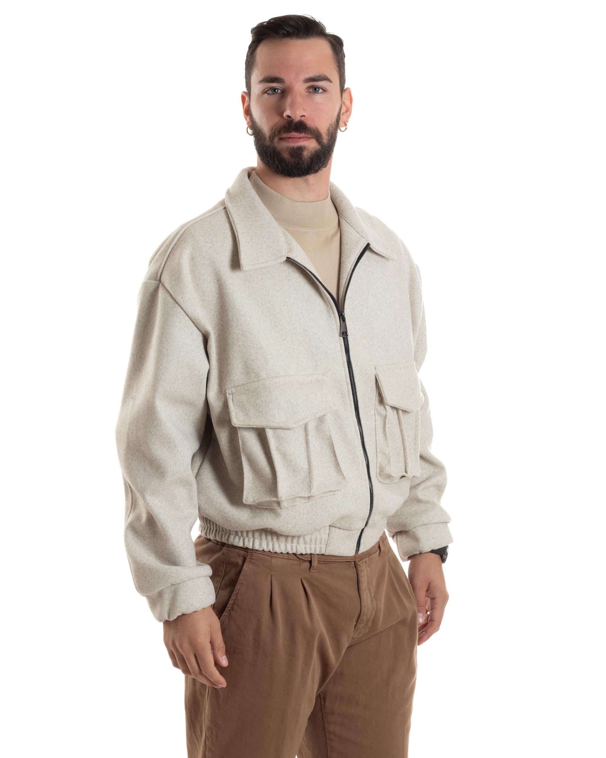 Giubbotto Uomo Bomber Corto Cropped Relaxed fit Tasche Zip Colletto Casual Elegante Caldo Beige GIOSAL-G3282A
