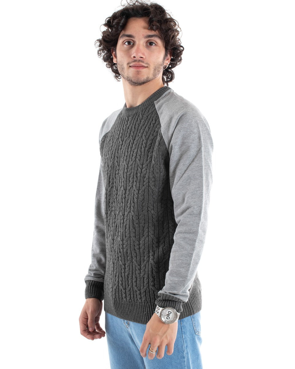 Maglioncino Uomo Maglia Girocollo Grigio Melangiato Trecce GIOSAL-M1665A