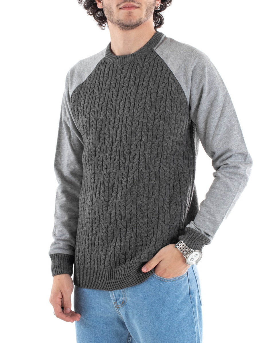 Maglioncino Uomo Maglia Girocollo Grigio Melangiato Trecce GIOSAL-M1665A
