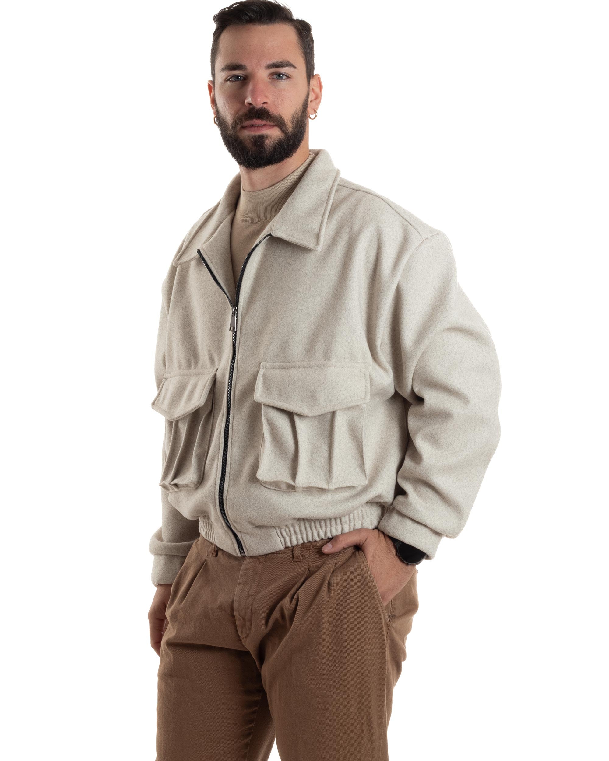 Giubbotto Uomo Bomber Corto Cropped Relaxed fit Tasche Zip Colletto Casual Elegante Caldo Beige GIOSAL-G3282A